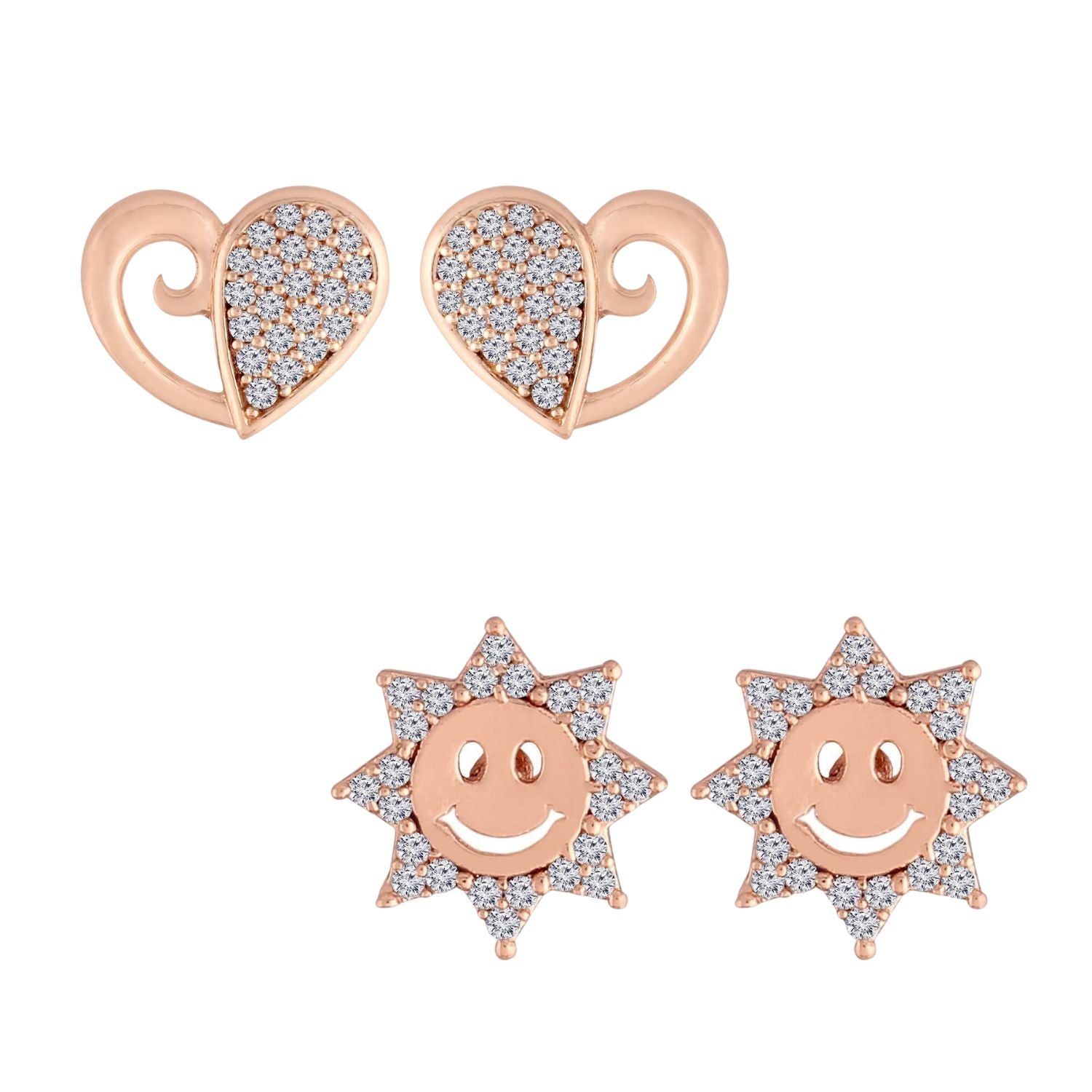 (Pack of 2) Rose Gold Cubic Zirconia Stud Earrings