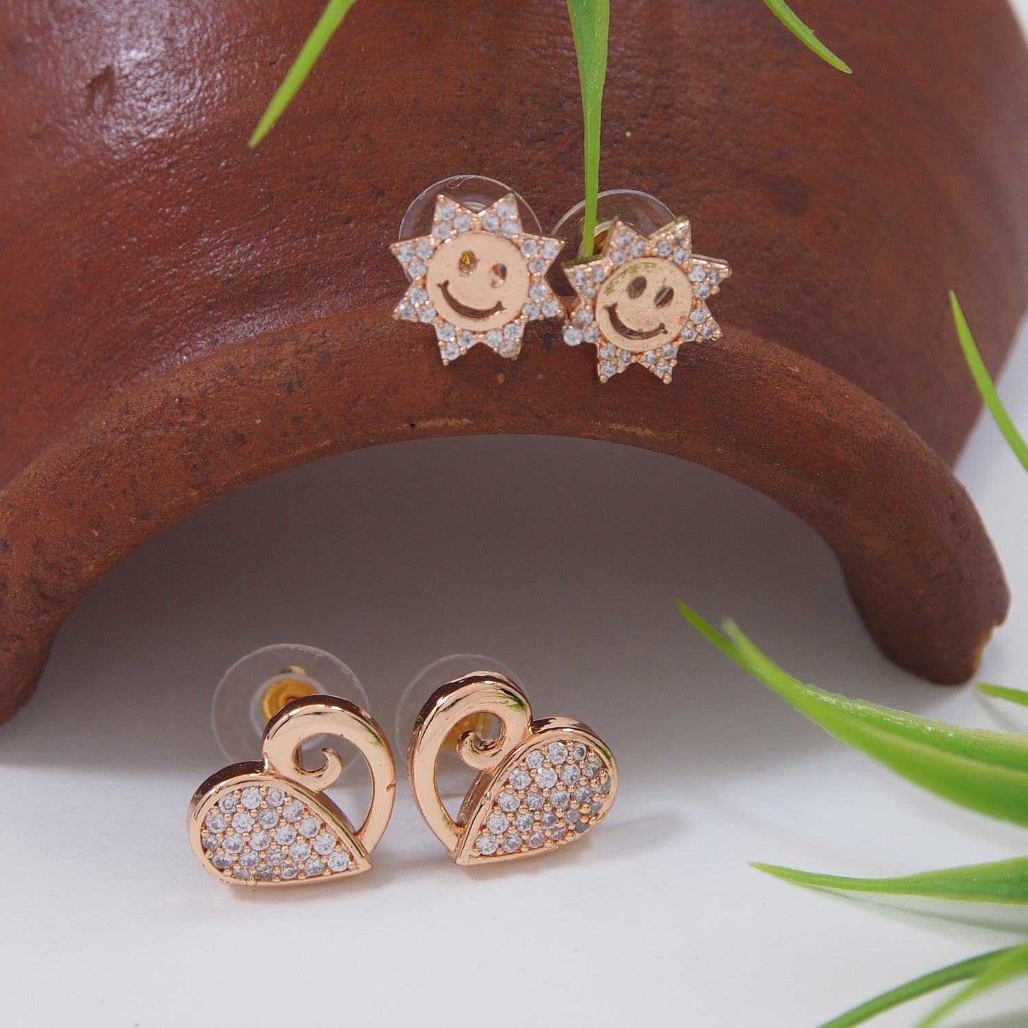 (Pack of 2) Rose Gold Cubic Zirconia Stud Earrings