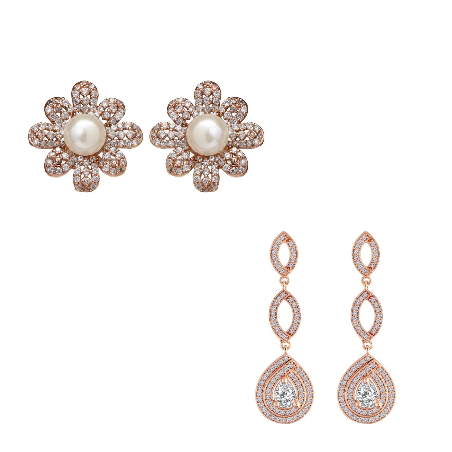 (Pack of 2) Rose Gold Cubic Zirconia Stud Earrings