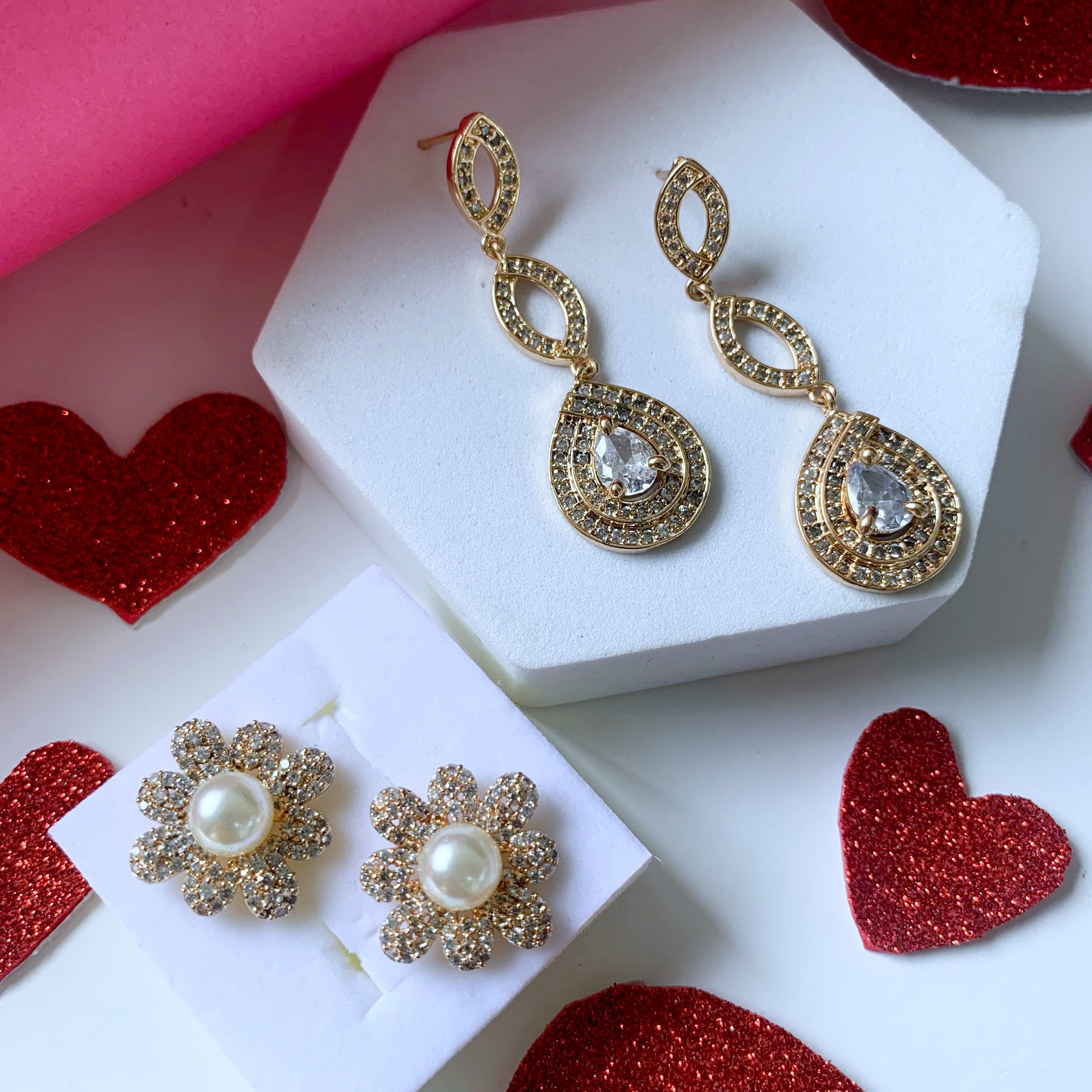 (Pack of 2) Rose Gold Cubic Zirconia Stud Earrings