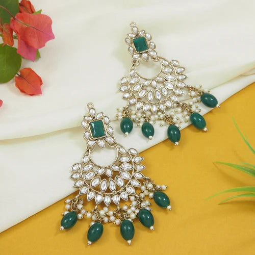 Green Stone Chandbali Earrings with Pearl Ear Chains (Earring + Earchain Combo)