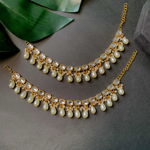 Kundan Floral Stud Earrings with Pearl Drop Detachable Ear Chains for Women (Earring + Earchain Combo)