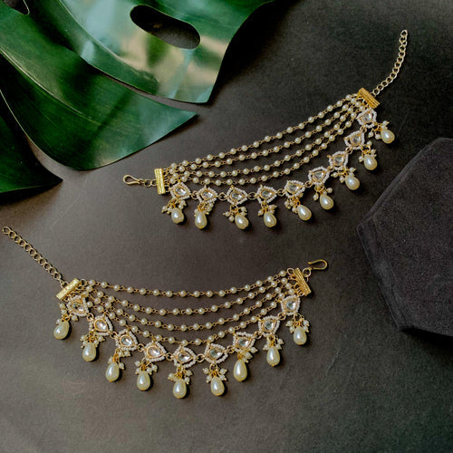 Round Kundan Earrings with Multi-Layer Pearl Ear Chains (Earring + Earchain Combo)