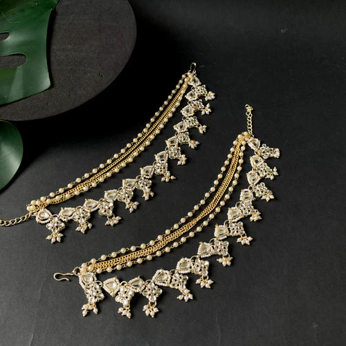 Kundan Stud Earrings with Beaded Pearl Ear Chains (Earring + Earchain Combo)