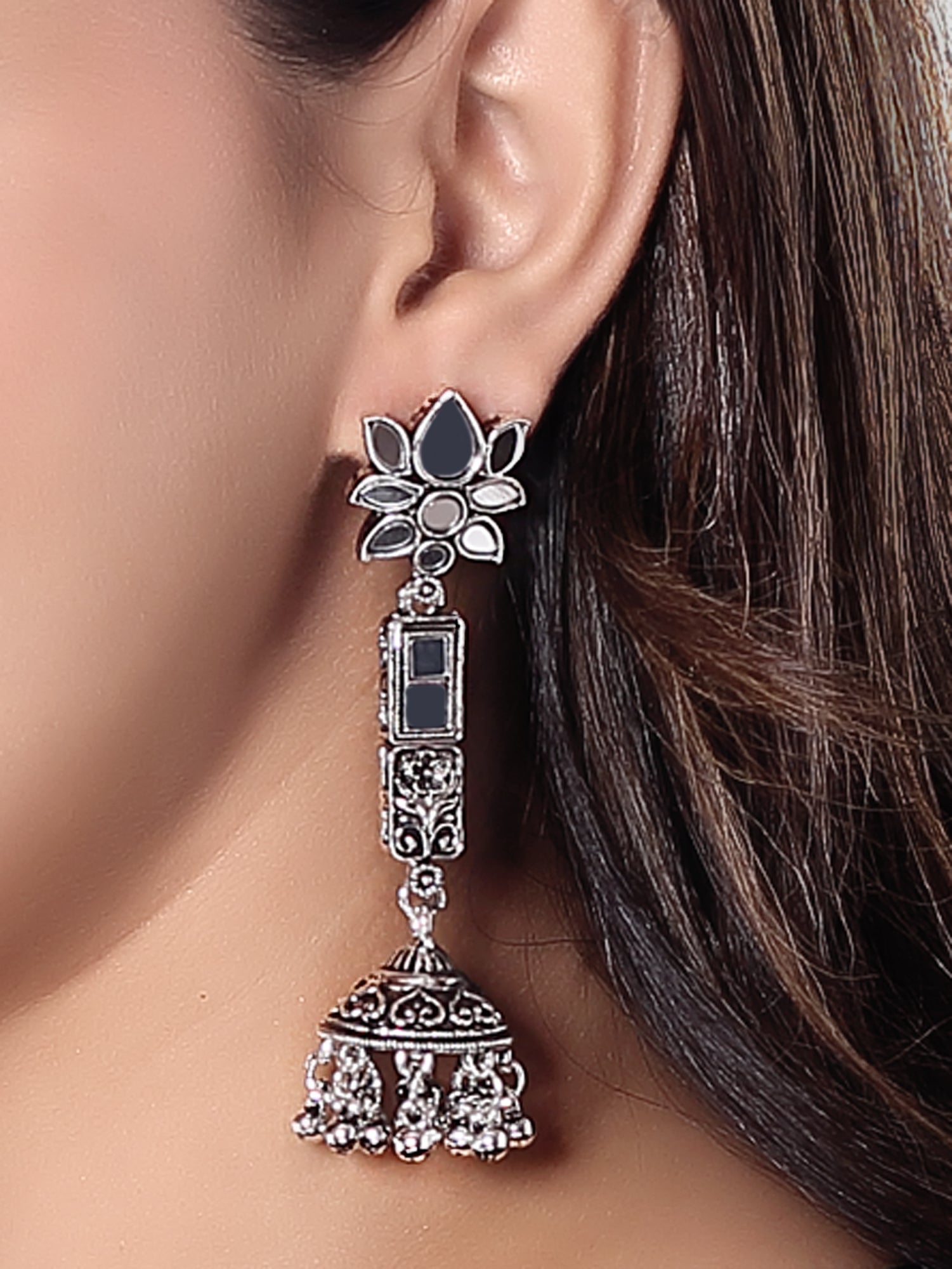 Lotus Shaped Oxidised Earrings