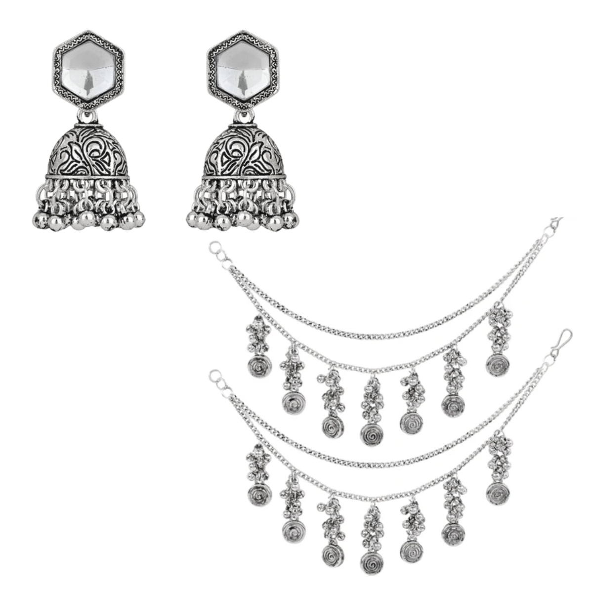 Oxidised Silver Jhumka Earrings with Layered Chain Ghungroo Ear Chains (Earring + Earchain Combo)