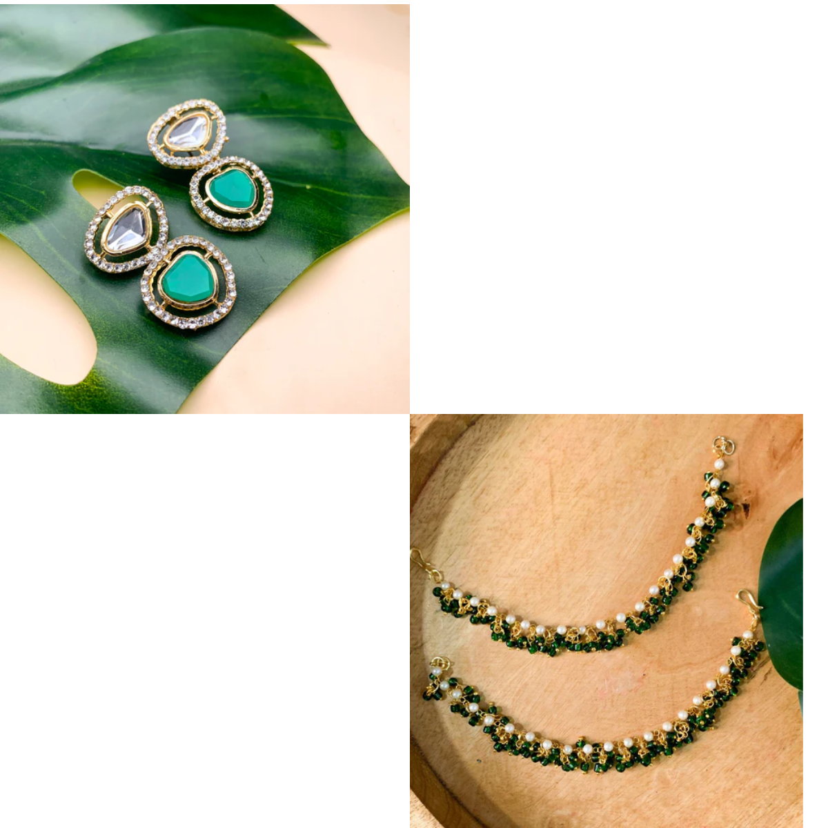 Dual Stone Stud Earrings with Green Beaded Ear Chains (Earring + Earchain Combo)