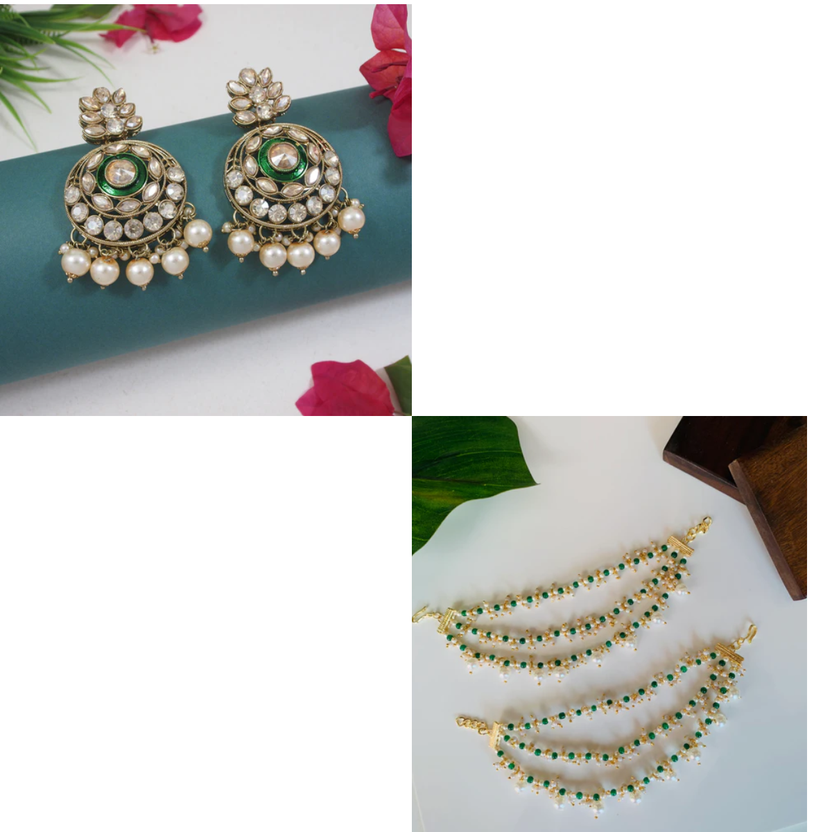 Round Kundan Earrings with Emerald Beaded Ear Chains (Earring + Earchain Combo)
