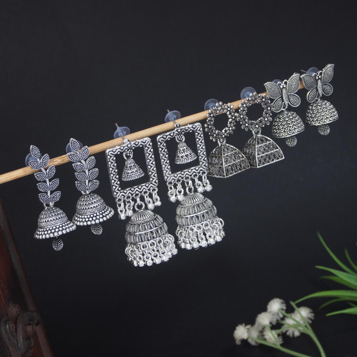 (Pack of 4) Silver Oxidised Earrings