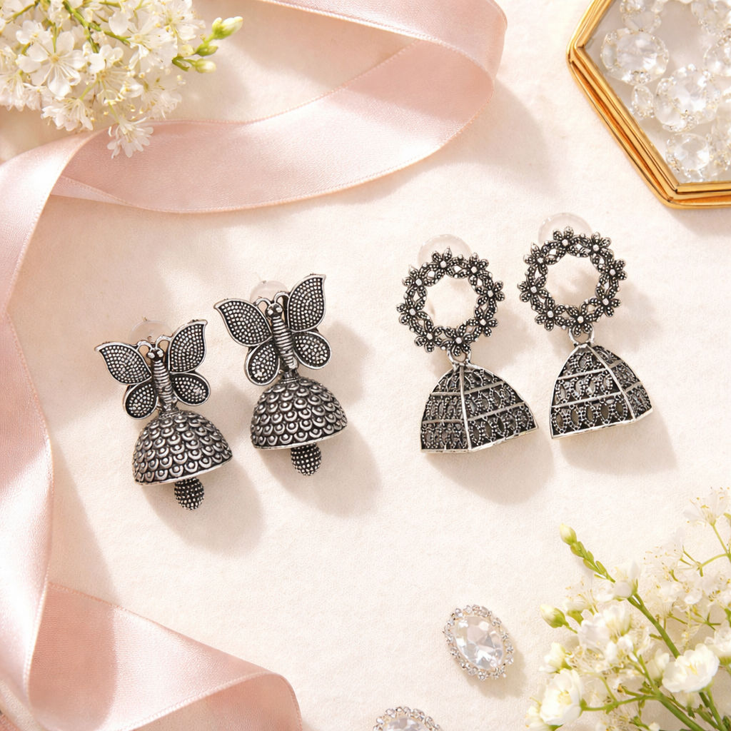 (Pack of 2) Silver Oxidised Earrings