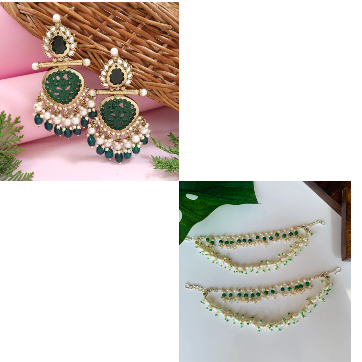 Carved Kundan Earrings with Multi-Beaded Ear Chains (Earring + Earchain Combo)