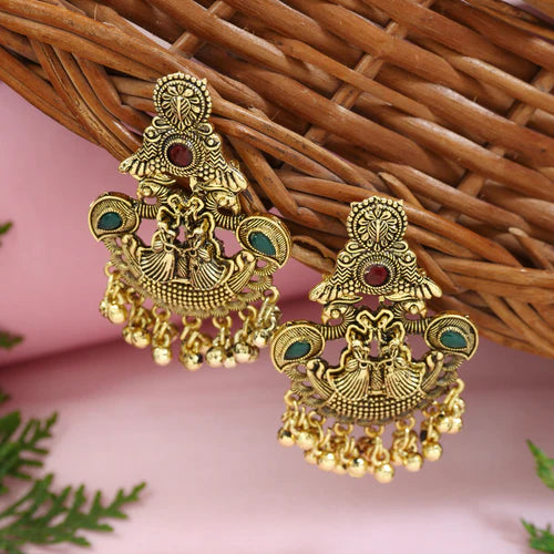 Temple Design Earrings with Colourful Beaded Ear Chains (Earring + Earchain Combo)