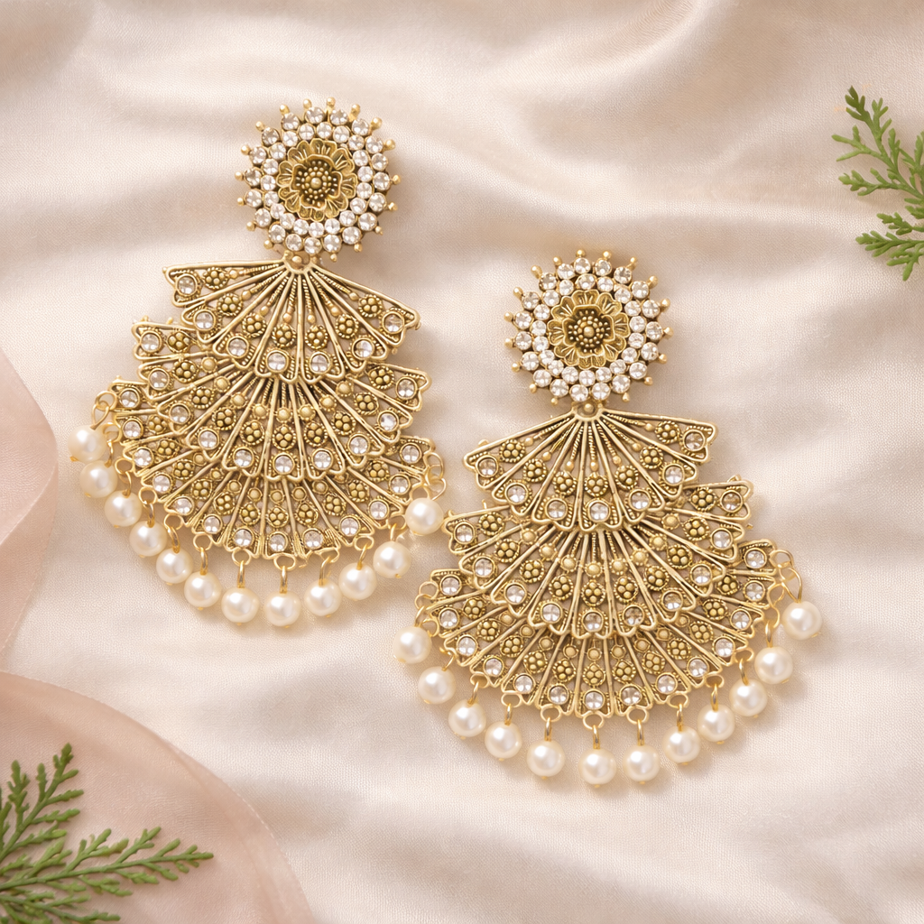 Antique Fan Shaped Earrings with Pearls – Ethnic Wear
