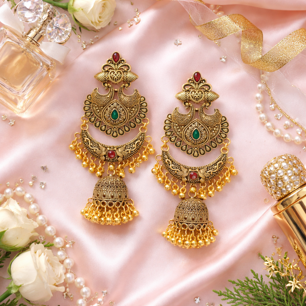 Layered Antique Gold Earrings – Ethnic Jhumka Style
