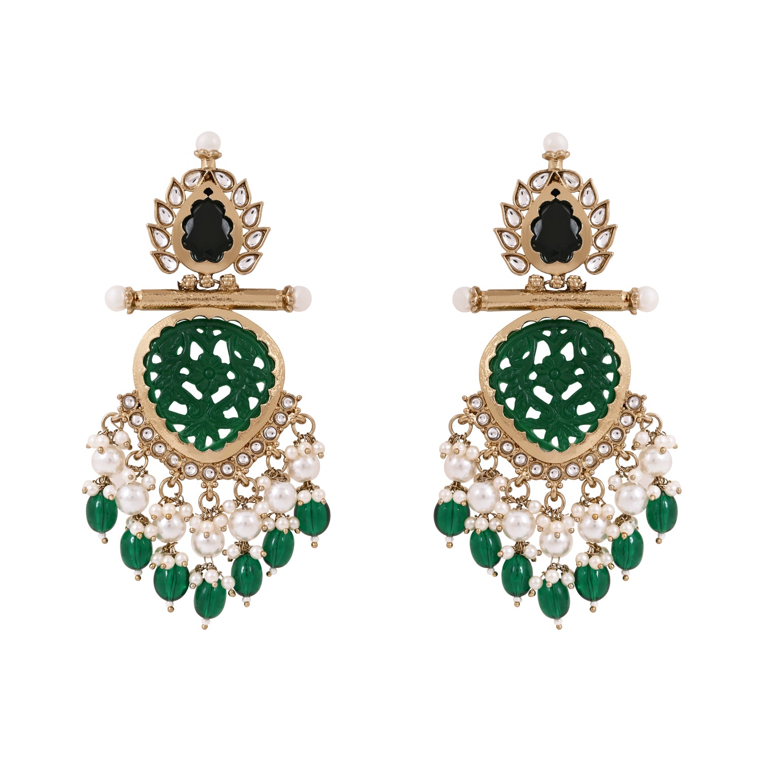 Kundan and Green Pearl Embellished Earrings - For Traditional Looks