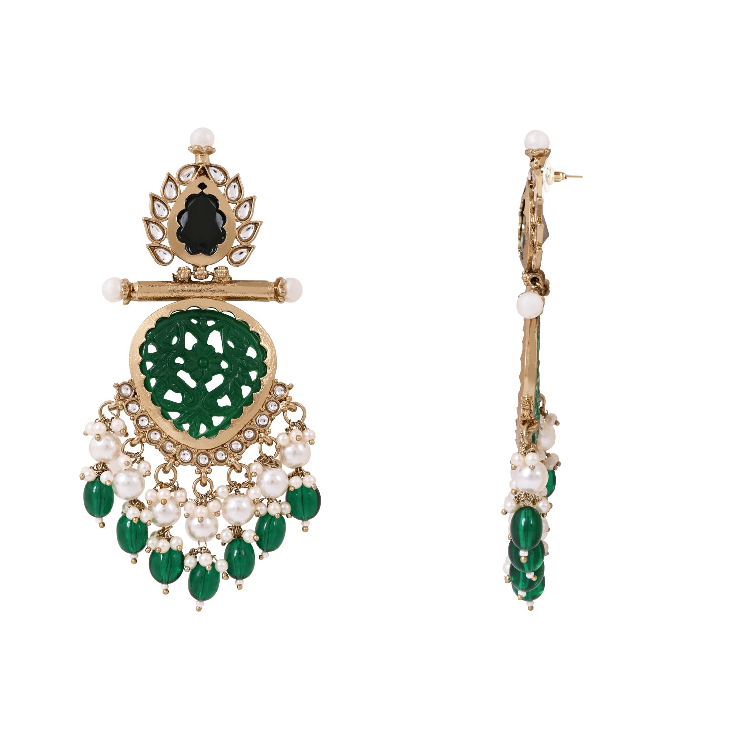 Kundan and Green Pearl Embellished Earrings - For Traditional Looks