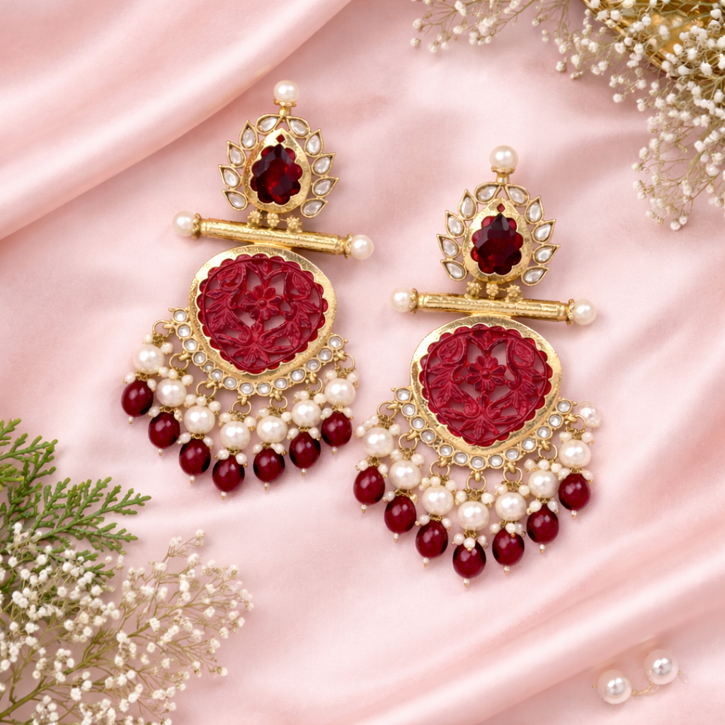 Kundan and Maroon Pearl Embellished Earrings - For Traditional Looks