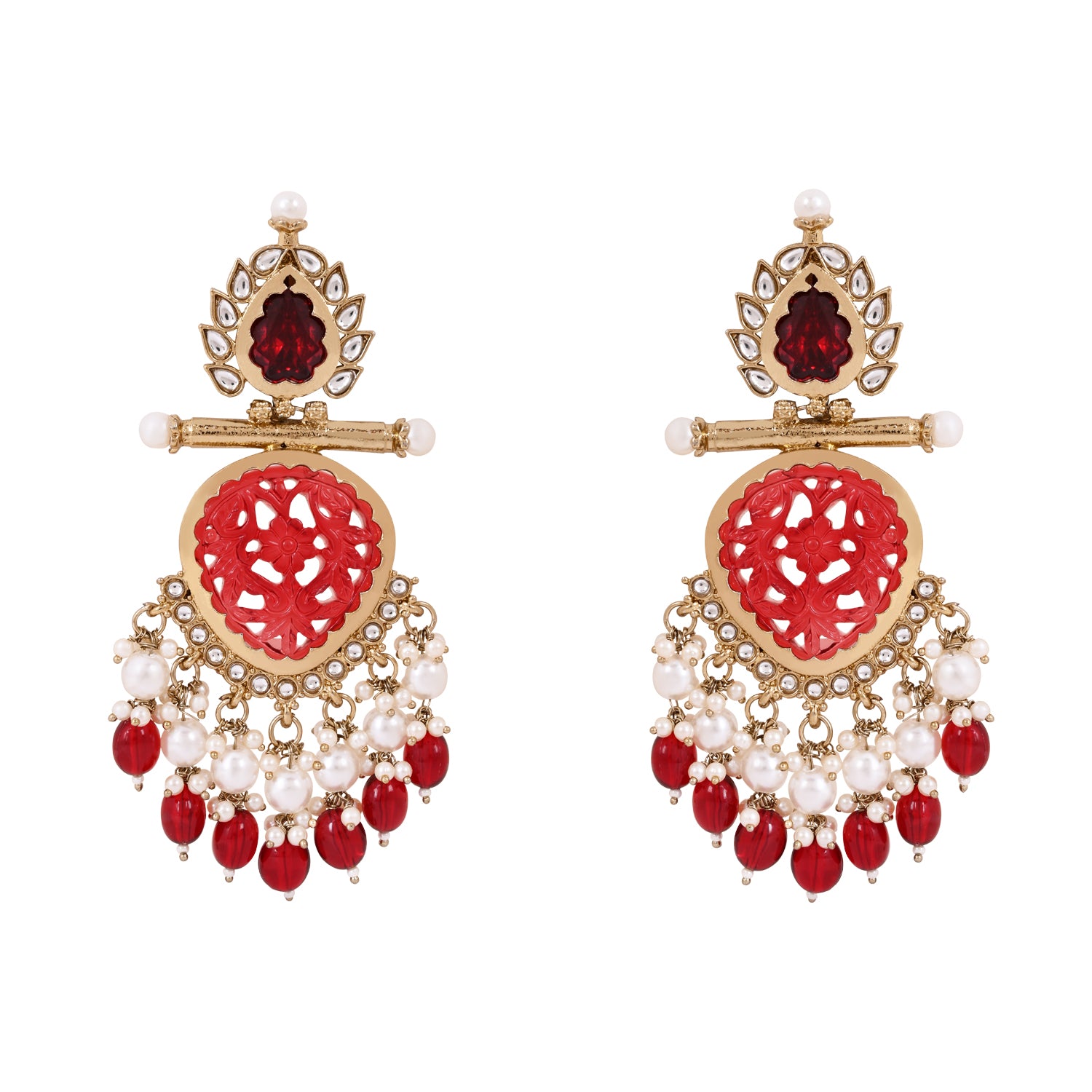 Kundan and Maroon Pearl Embellished Earrings - For Traditional Looks