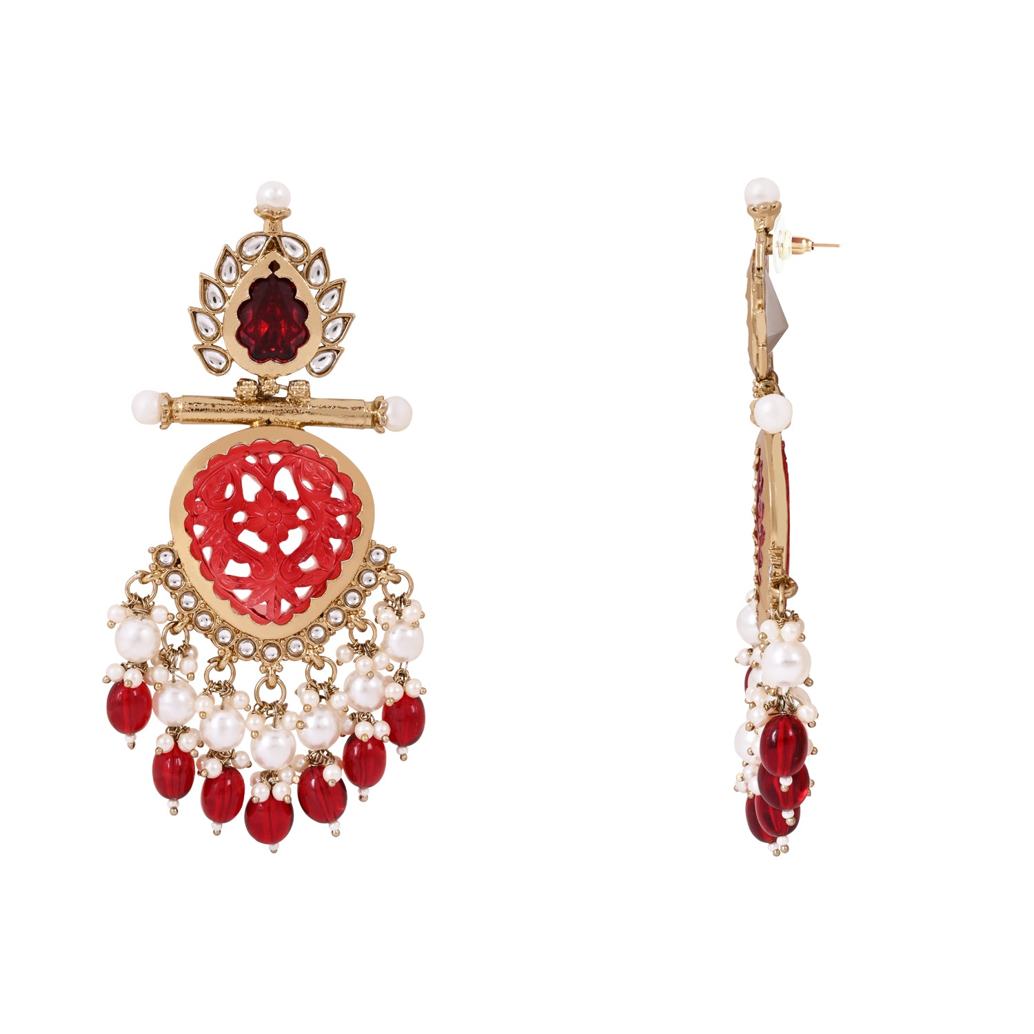 Kundan and Maroon Pearl Embellished Earrings - For Traditional Looks