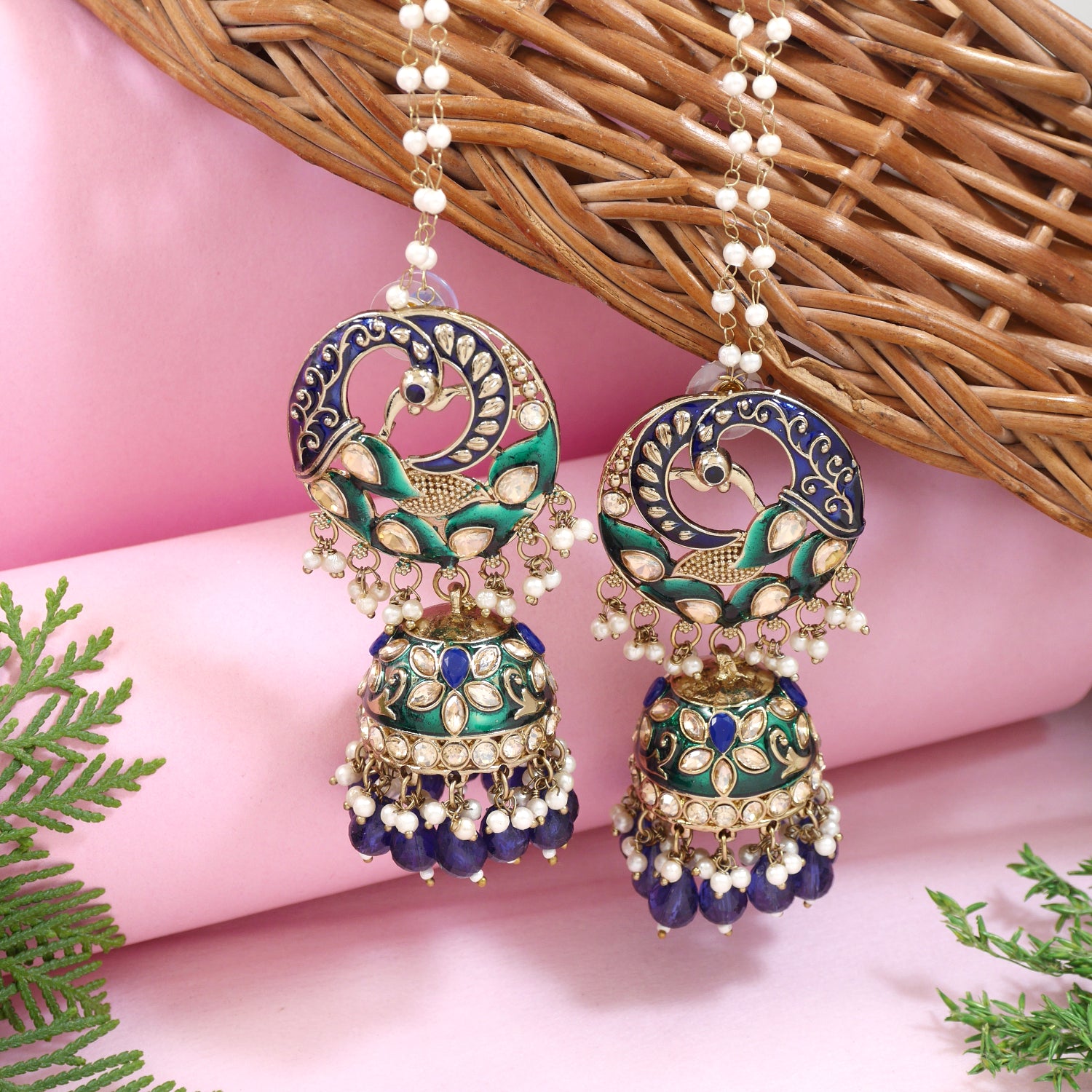 Traditional peacock design earrings with enamel detailing, kundan stones, pearl drops, and jhumka hangings