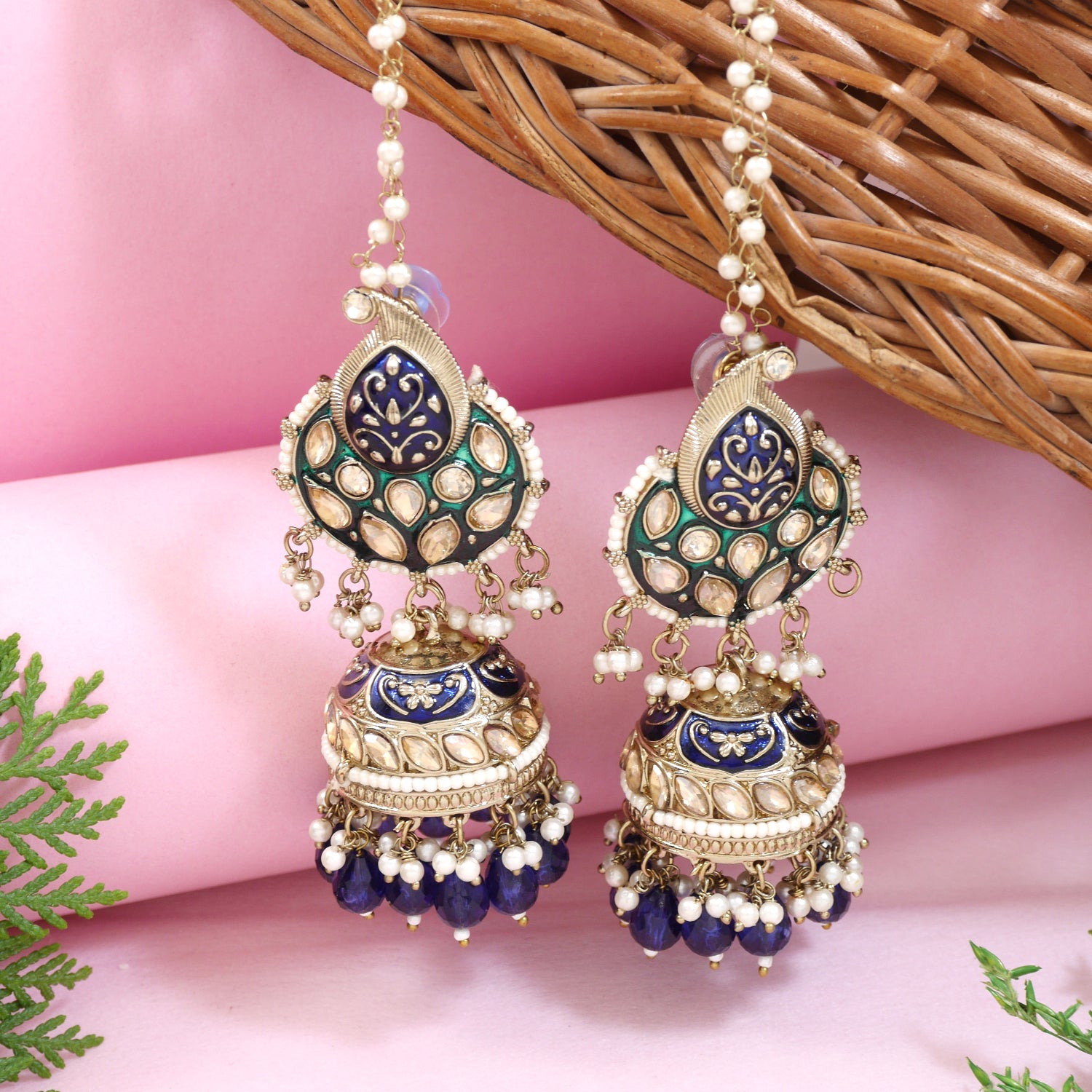 Teardrop kundan jhumka earrings with pearl earchain and blue bead danglers