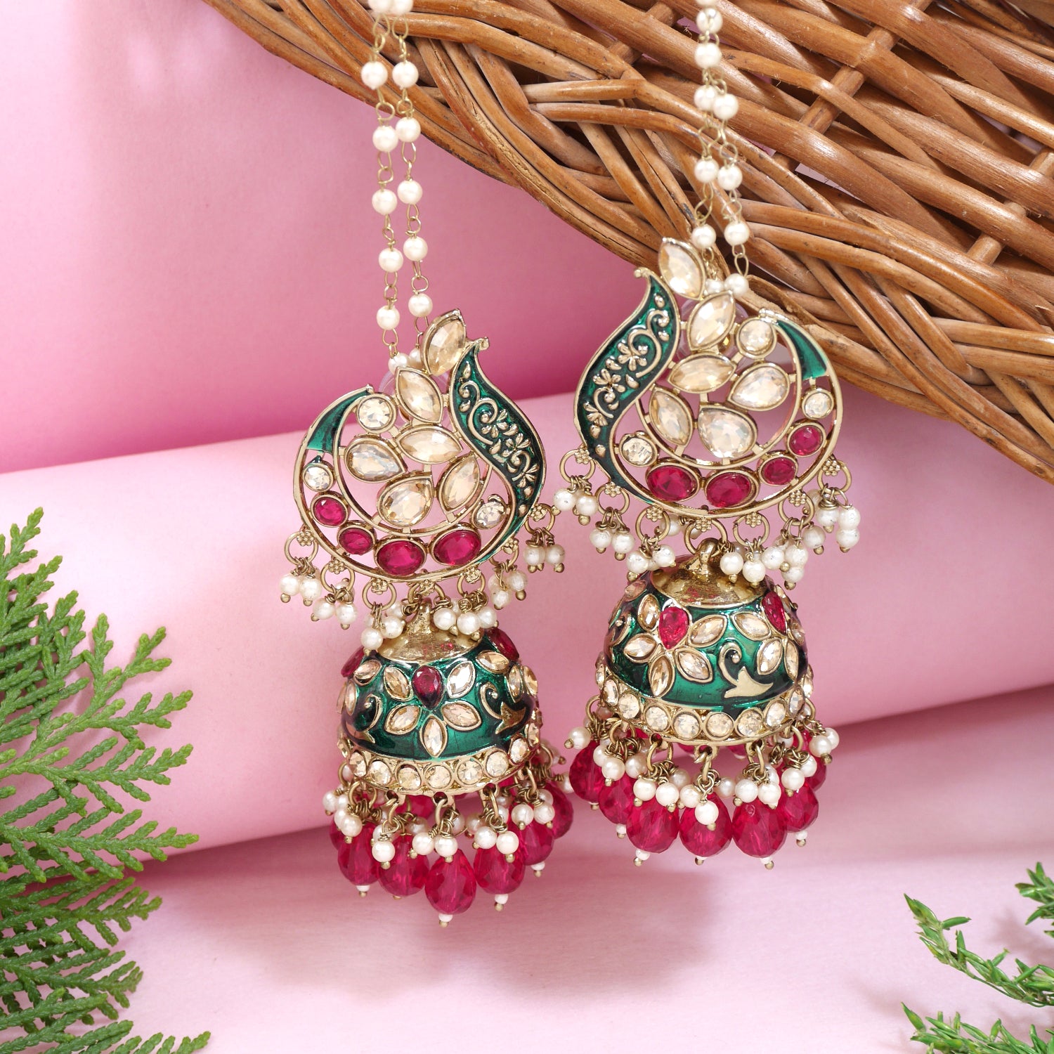 Peacock motif kundan jhumka earrings with pearl earchain and bead drops