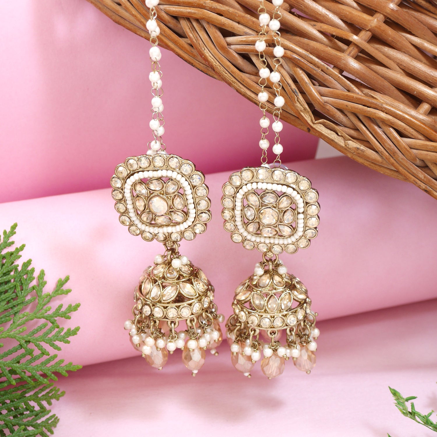 moti kundan jhumka earrings with pearl earchain and bead drops