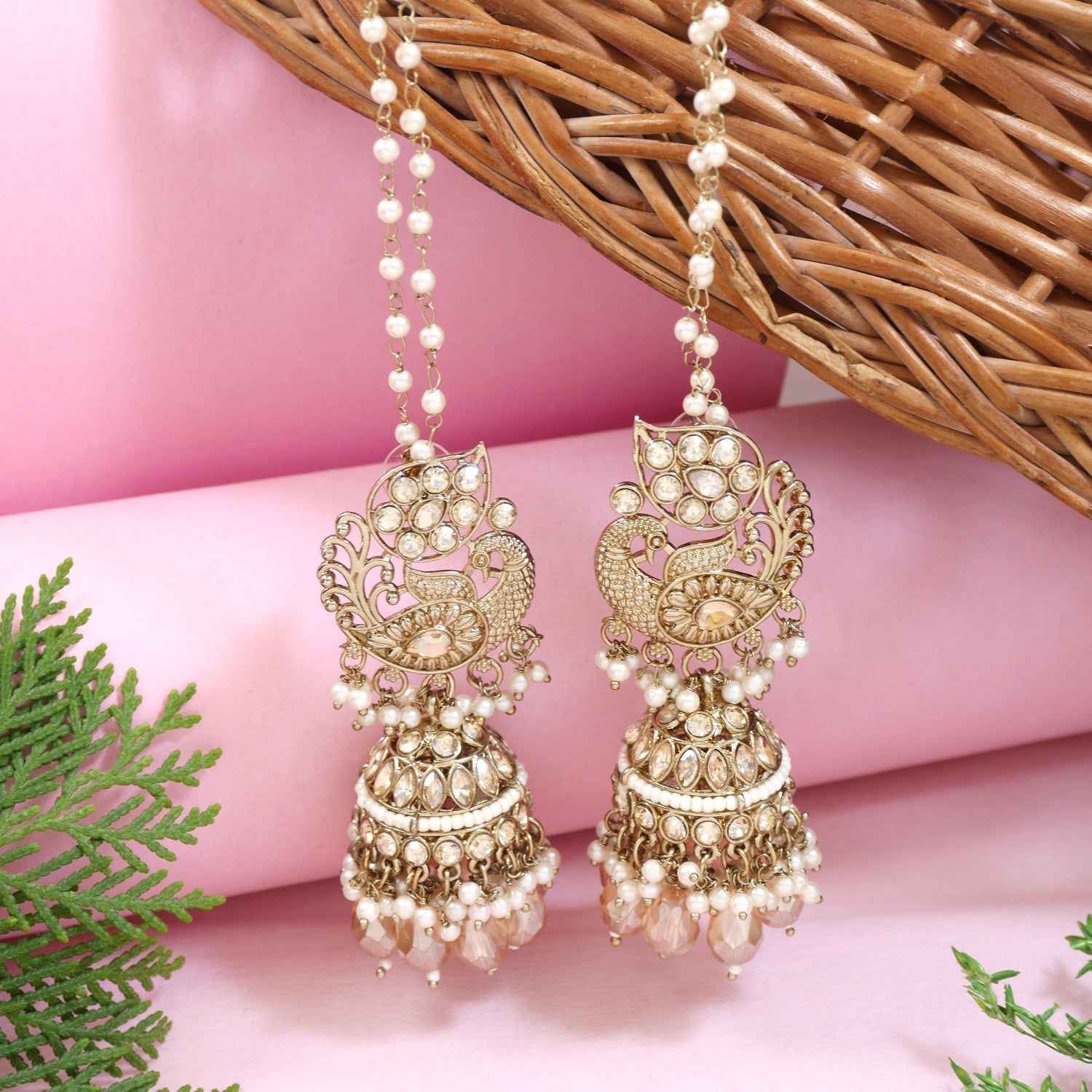 White Peacock Kundan Jhumka Earrings - With Earchain