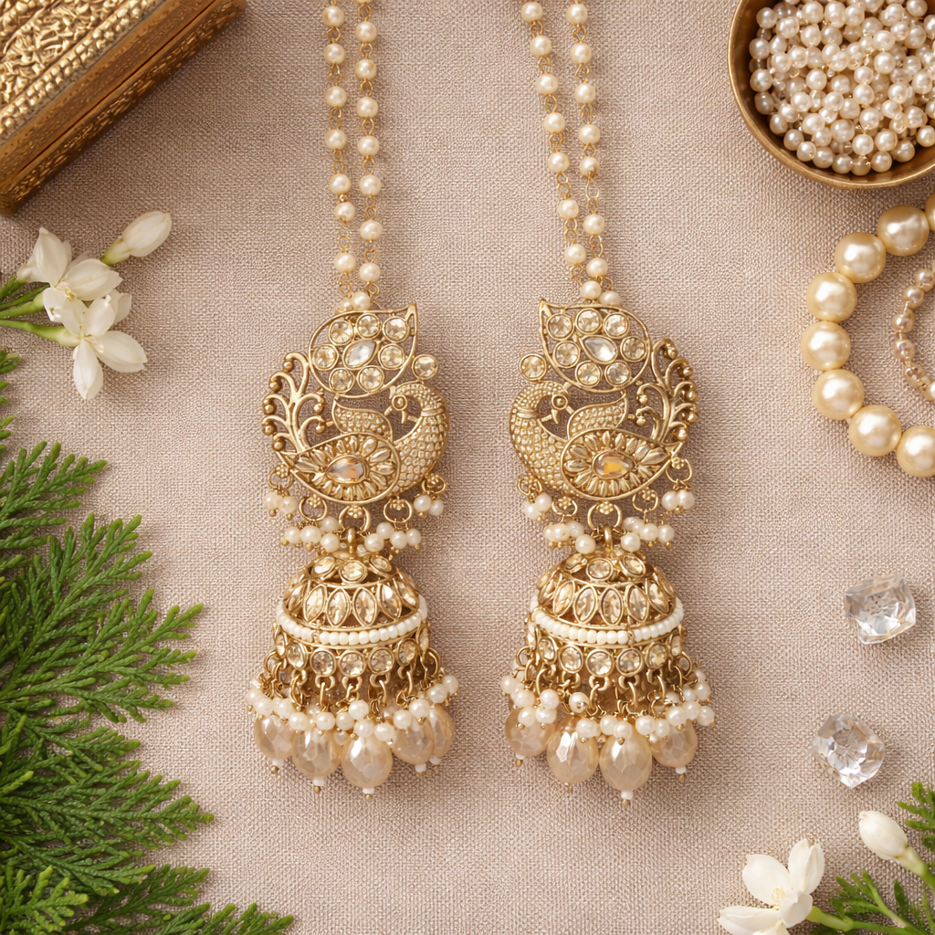 White Peacock Kundan Jhumka Earrings - With Earchain