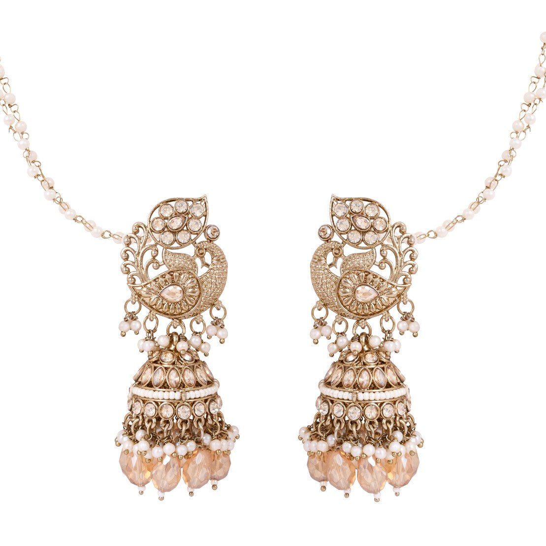 White Peacock Kundan Jhumka Earrings - With Earchain