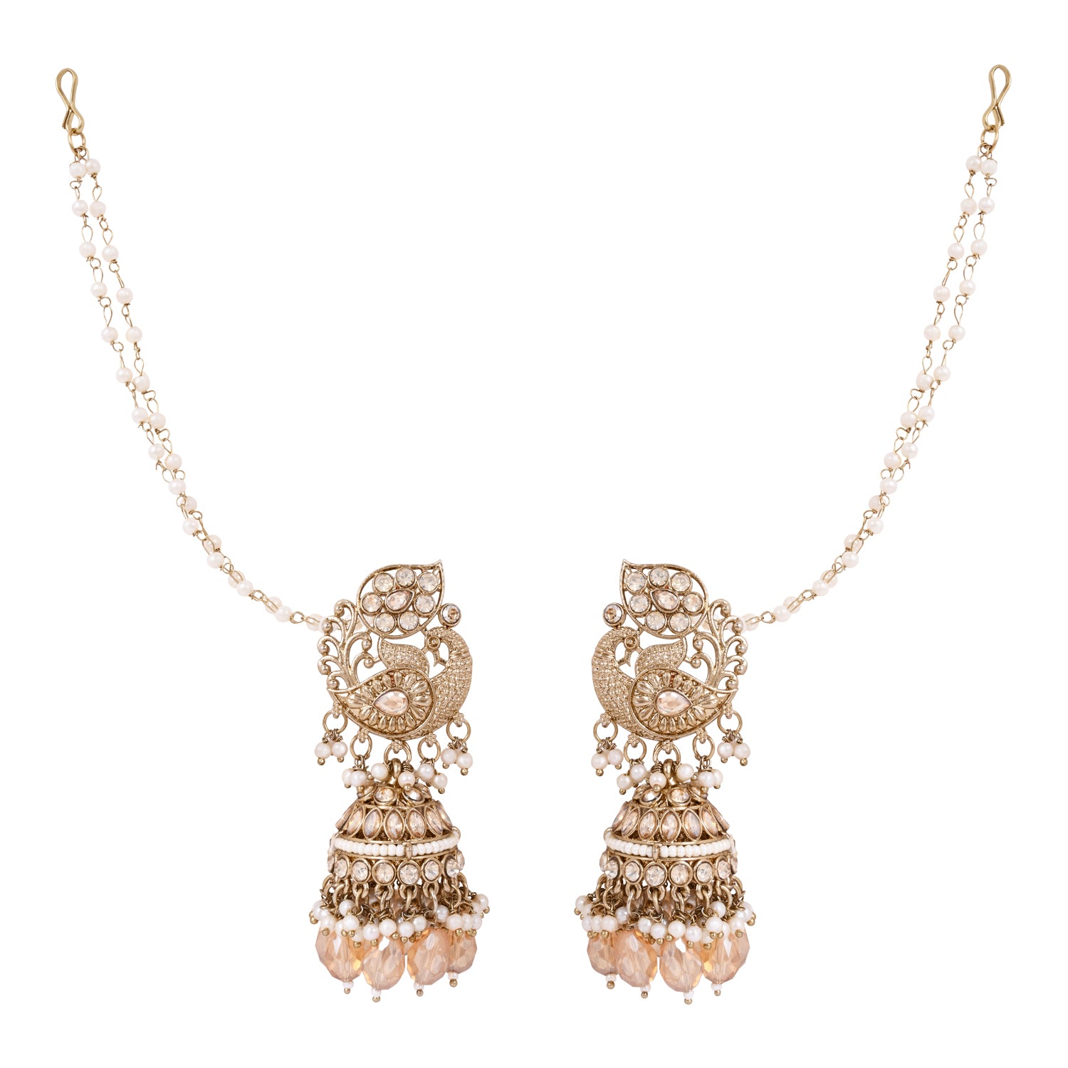 White Peacock Kundan Jhumka Earrings - With Earchain