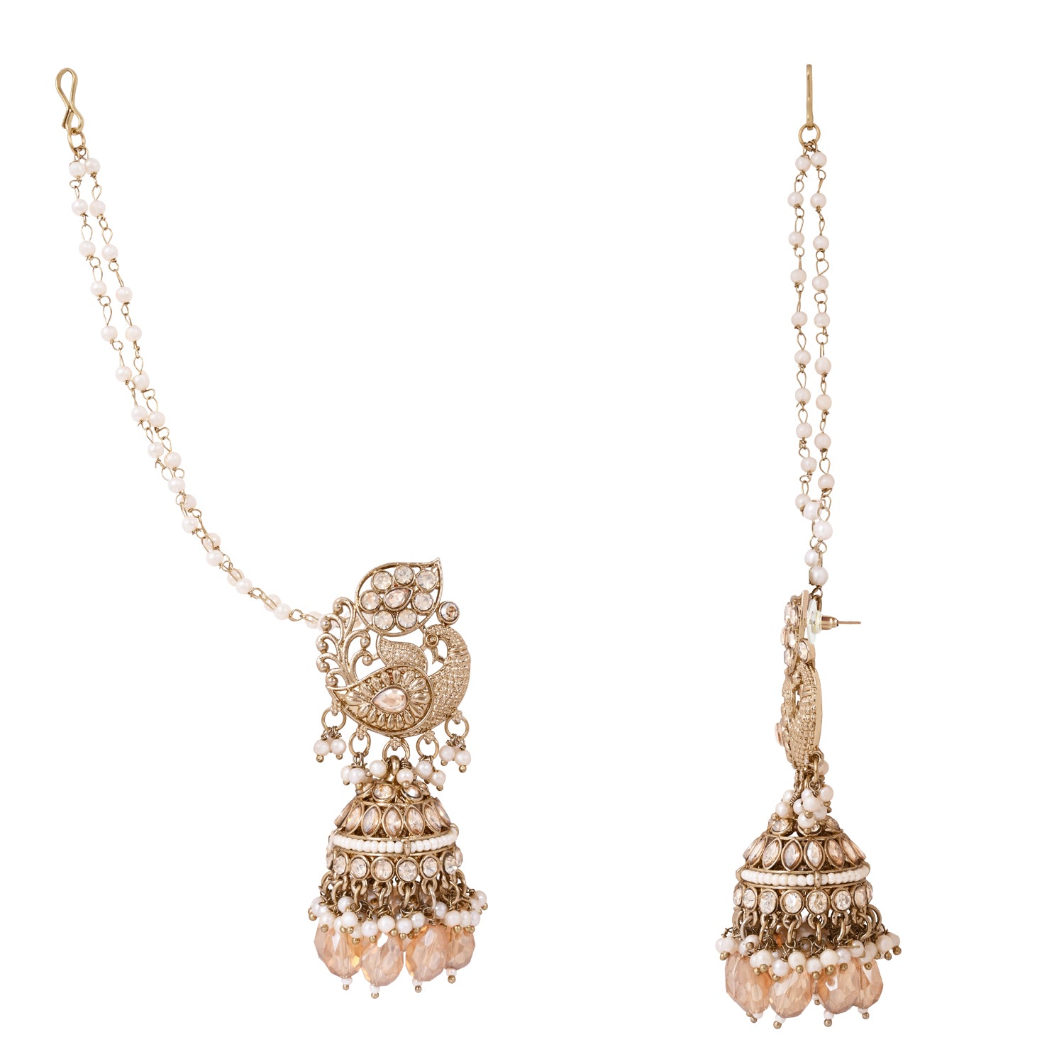 White Peacock Kundan Jhumka Earrings - With Earchain
