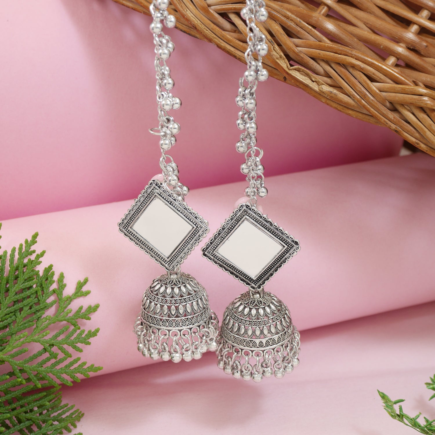 mirror work boho navratri square shape jhumka design