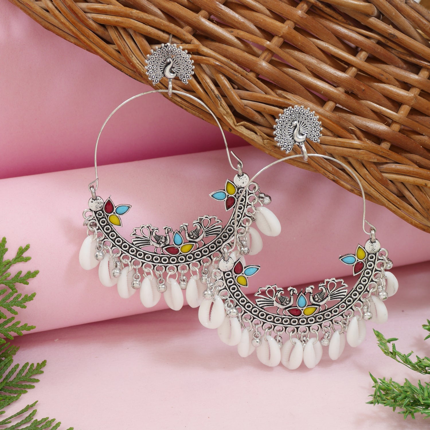 Peacock design boho navratri design shells oxidised hoop colorful