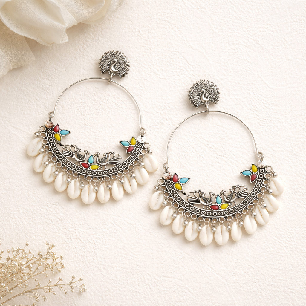 Morni Baag – Oxidised Hoop Earrings with Cowrie Shells