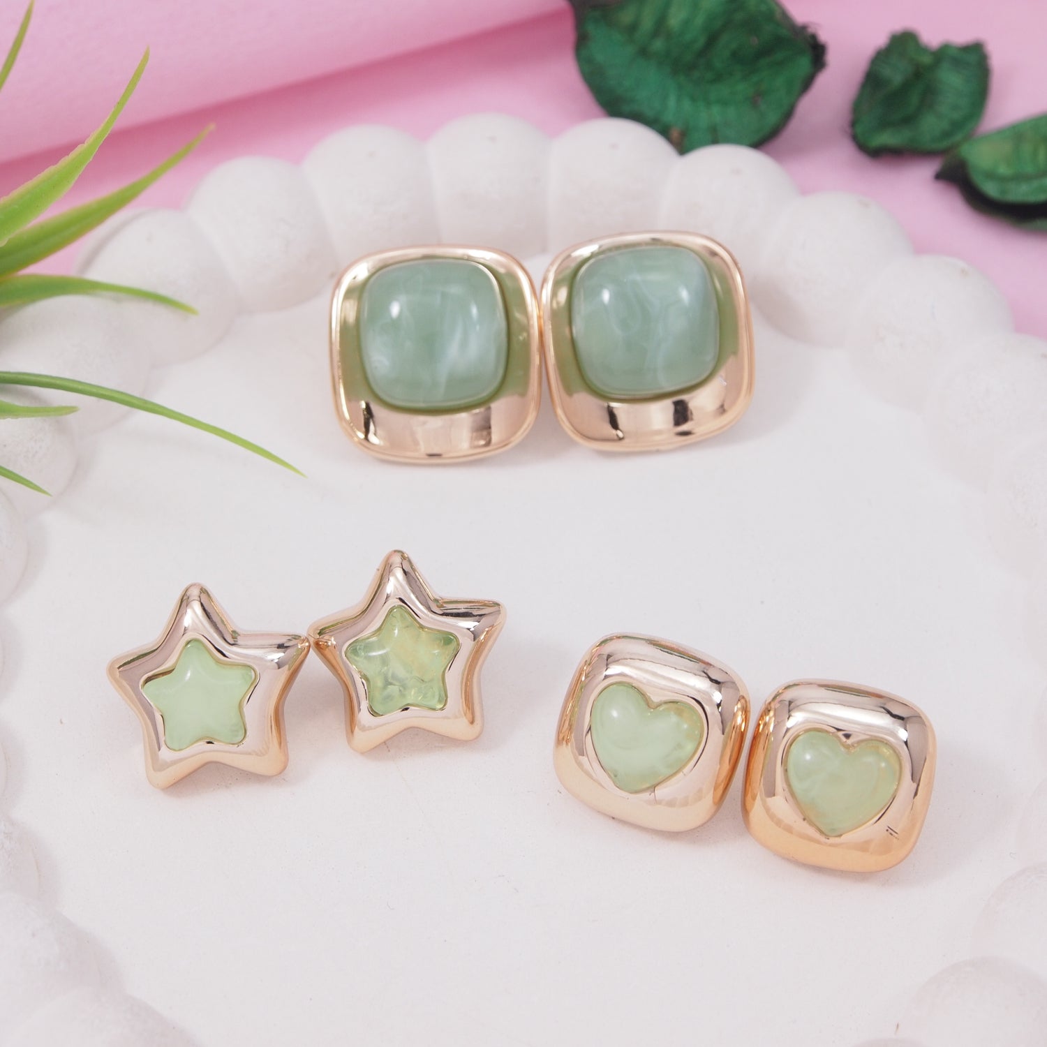 Mint Magic earring set with mint green enamel heart, star, and square-shaped gold-toned stud earrings