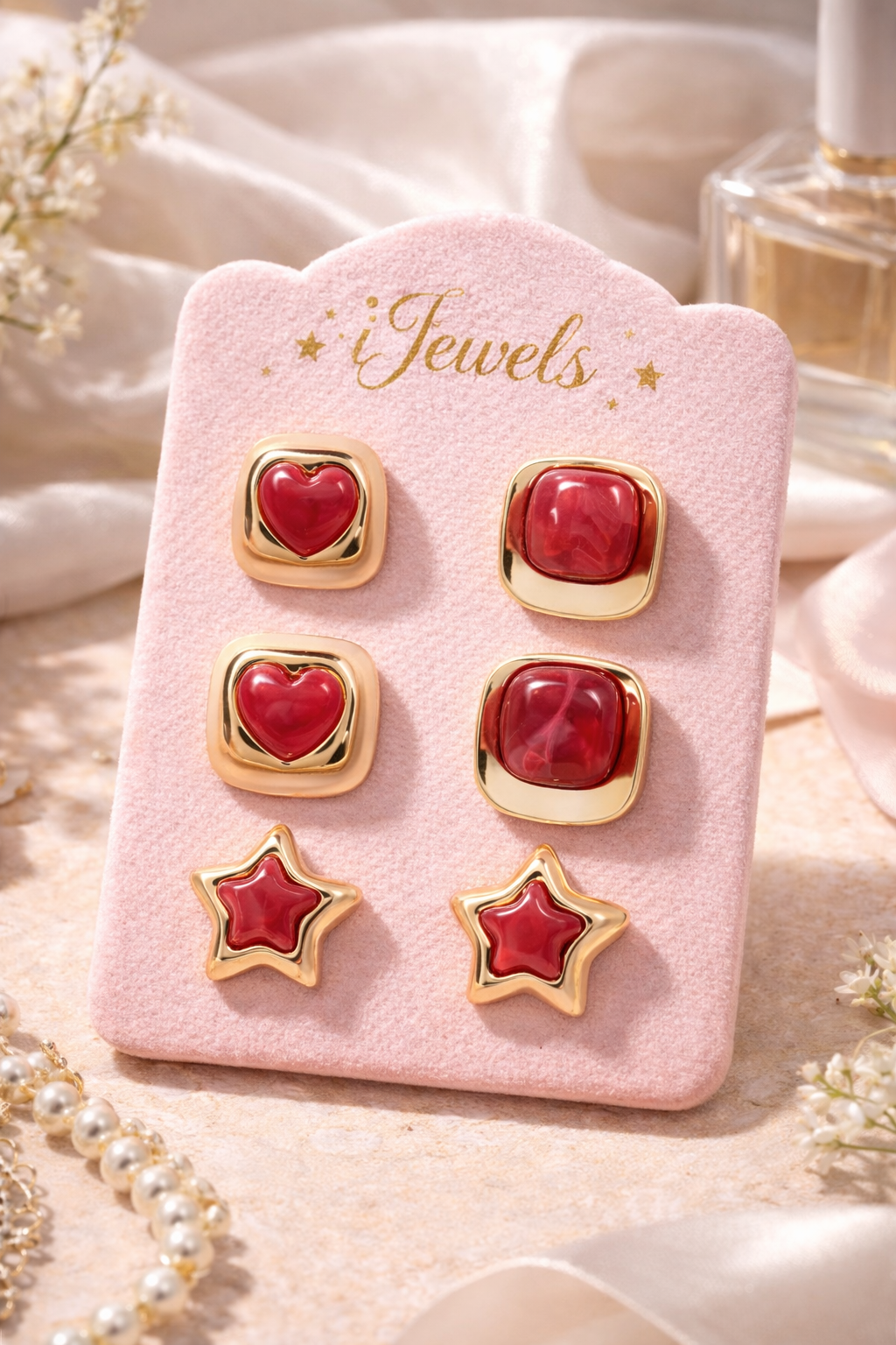 Berry Blush – Set of 3 Quirky Red Enamel Stud Earrings