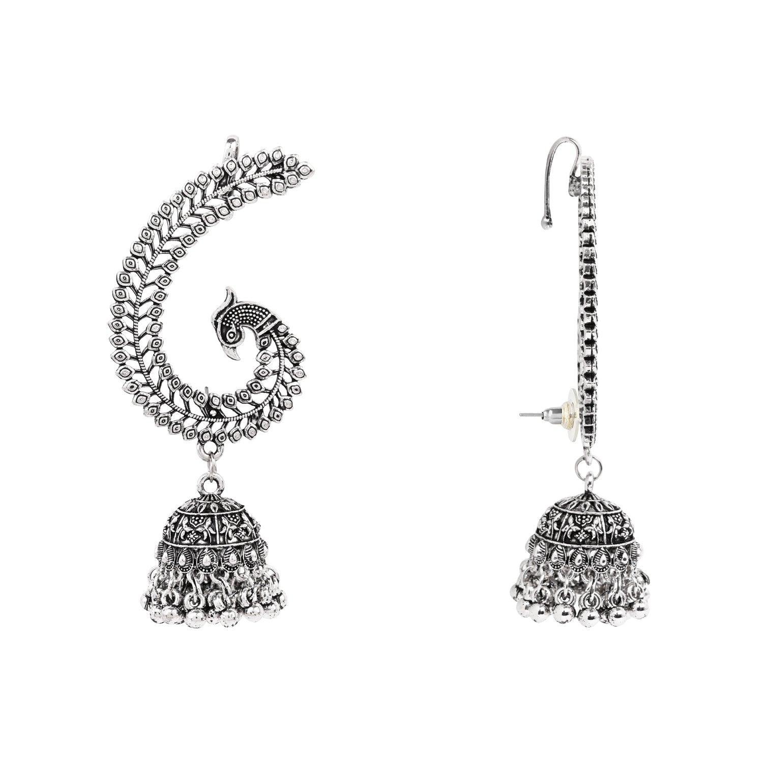 Oxidised Peacock Ear Cuffs with Jhumka Detailing – Navratri Collection