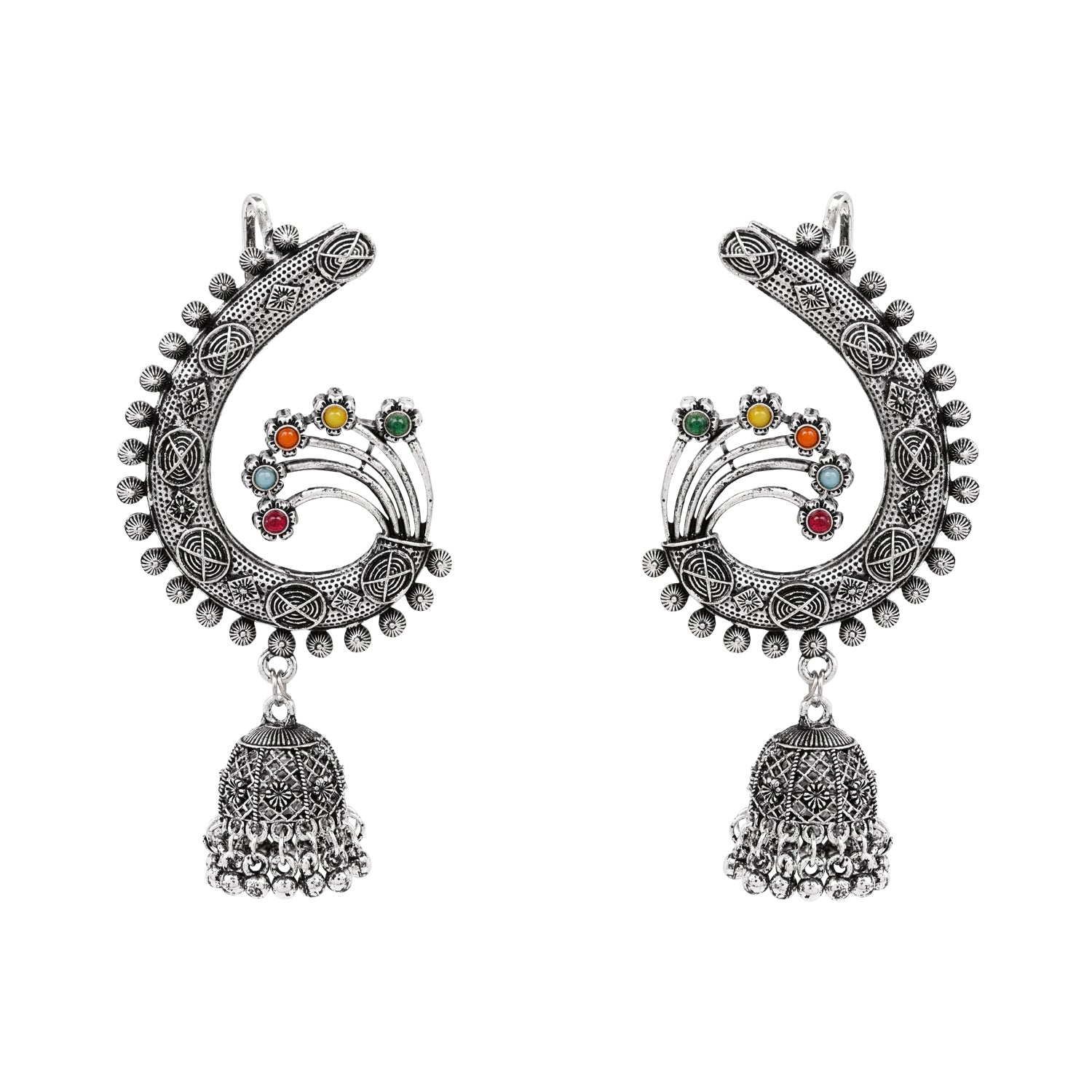 Round Floral Multicolor Oxidised Ear Cuffs with Ghungroo