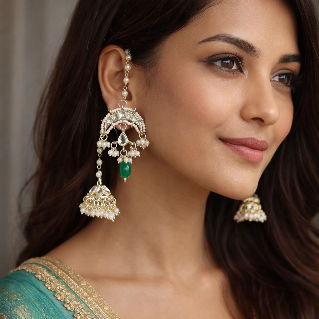 Traditional Pearl & Green Stone Jhumka with Ear Chain