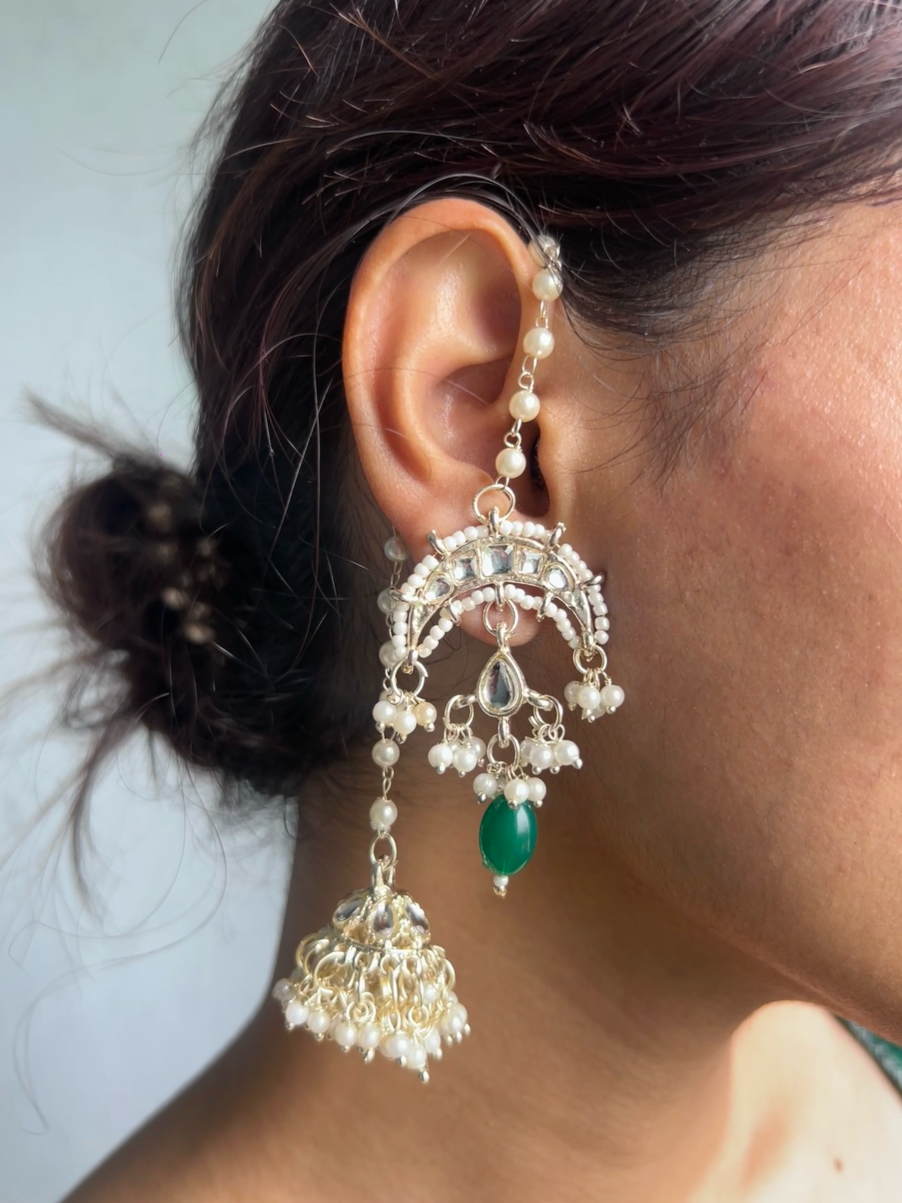 Traditional Pearl & Green Stone Jhumka with Ear Chain