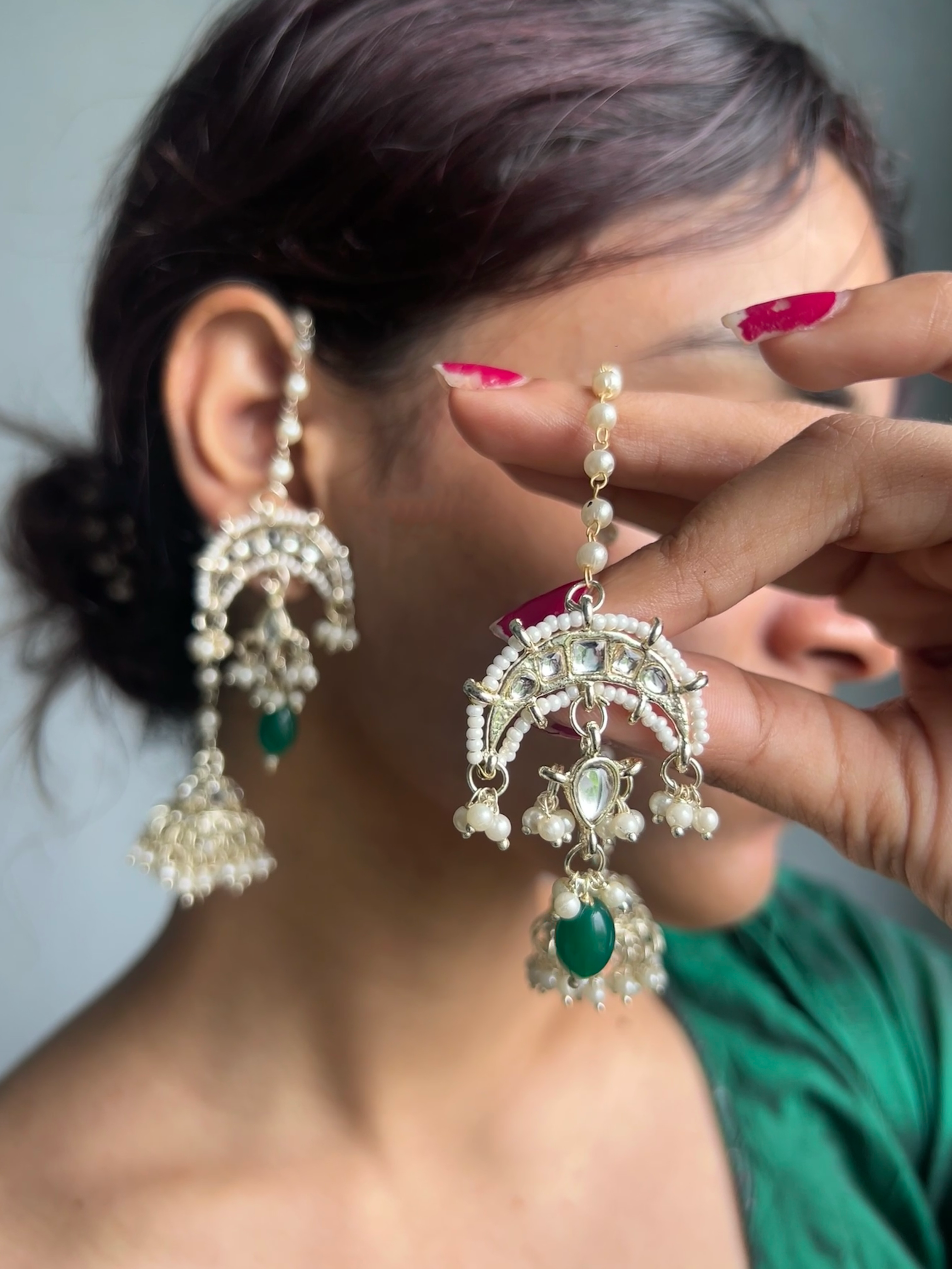 Traditional Pearl & Green Stone Jhumka with Ear Chain