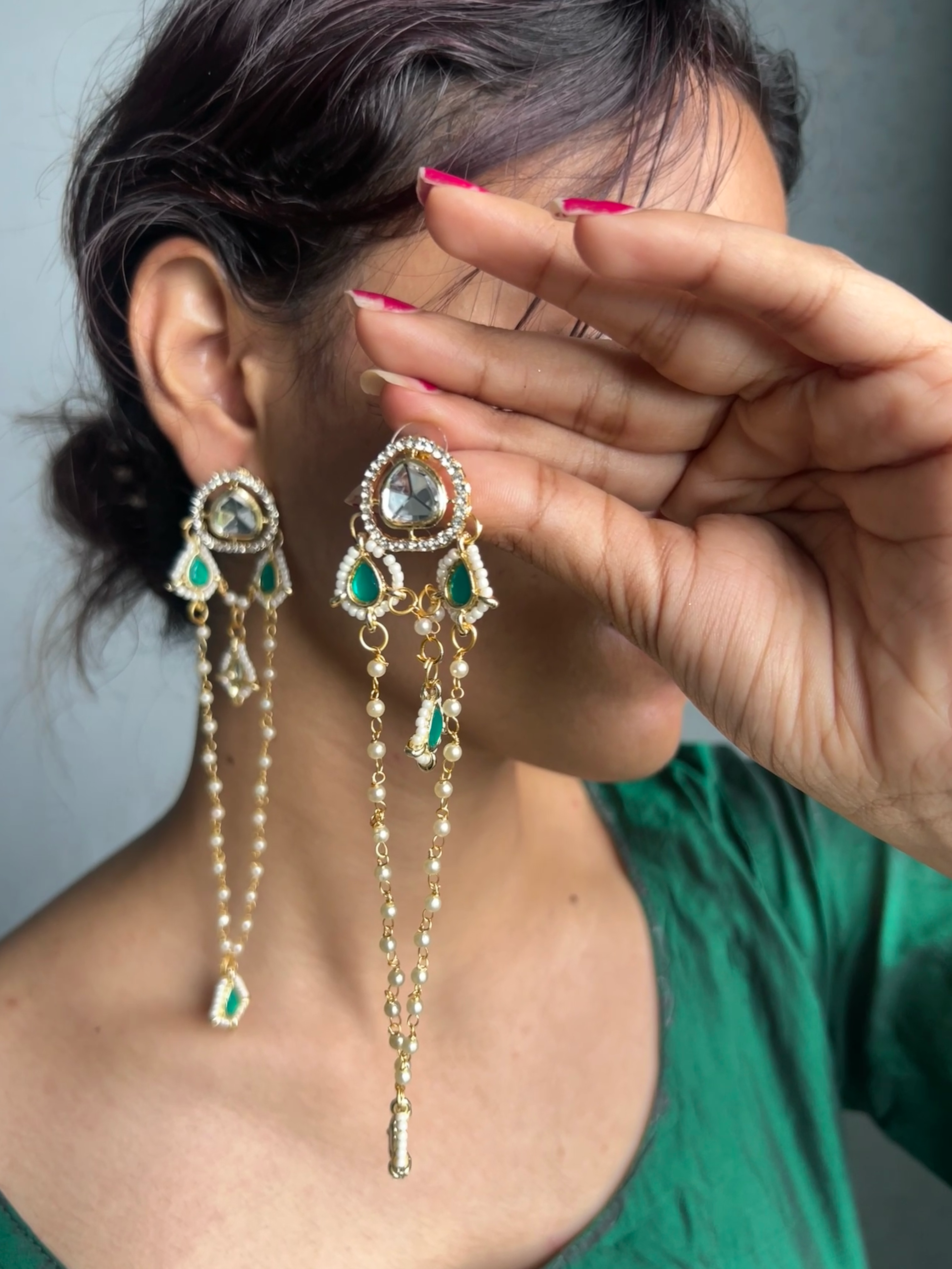 Gold Plated Kundan Earrings with Double Layer Ear Chains