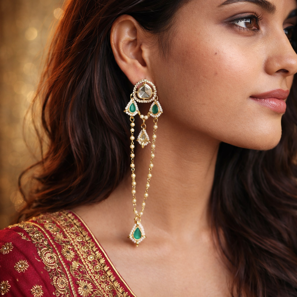 Gold Plated Kundan Earrings with Double Layer Ear Chains
