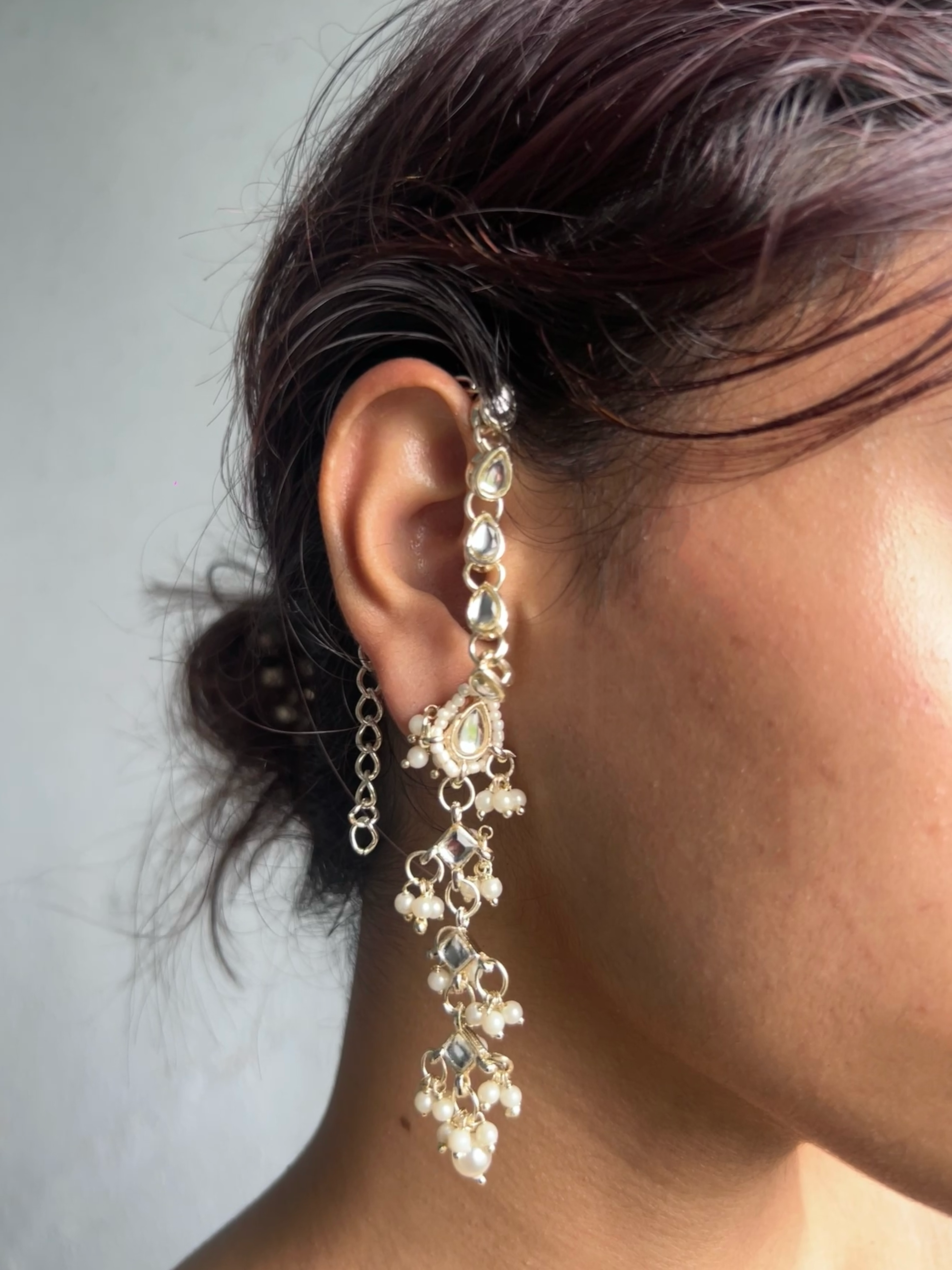White Kundan Long Earrings with Pearl Strings