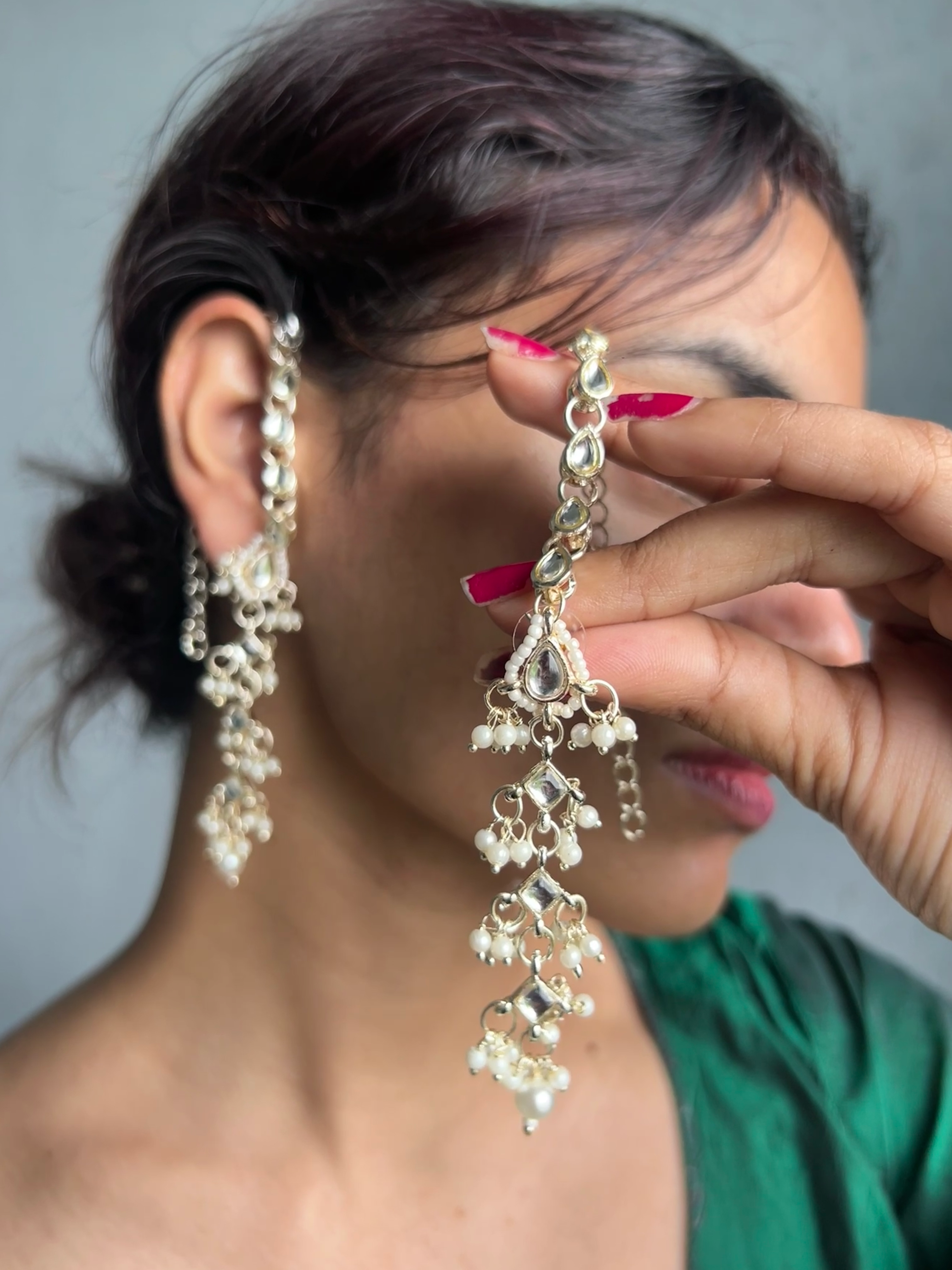 White Kundan Long Earrings with Pearl Strings