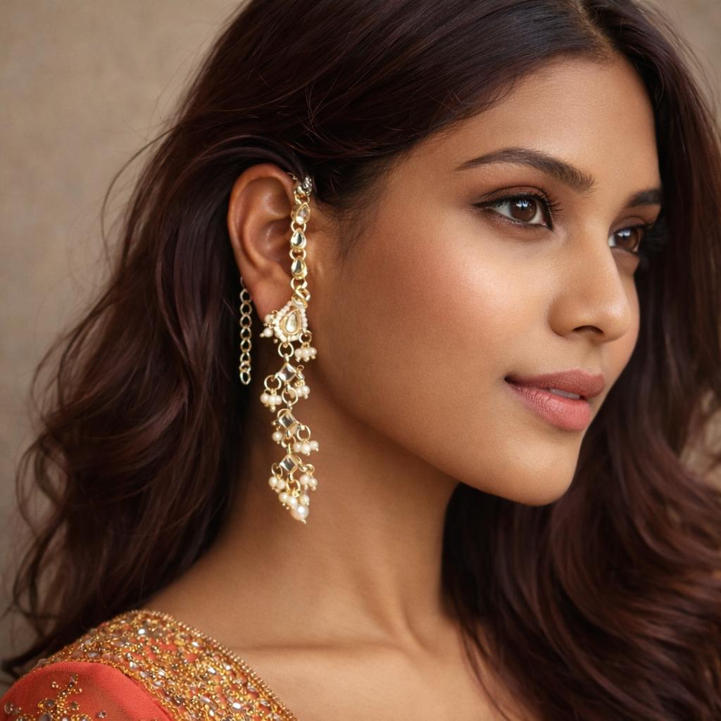 White Kundan Long Earrings with Pearl Strings