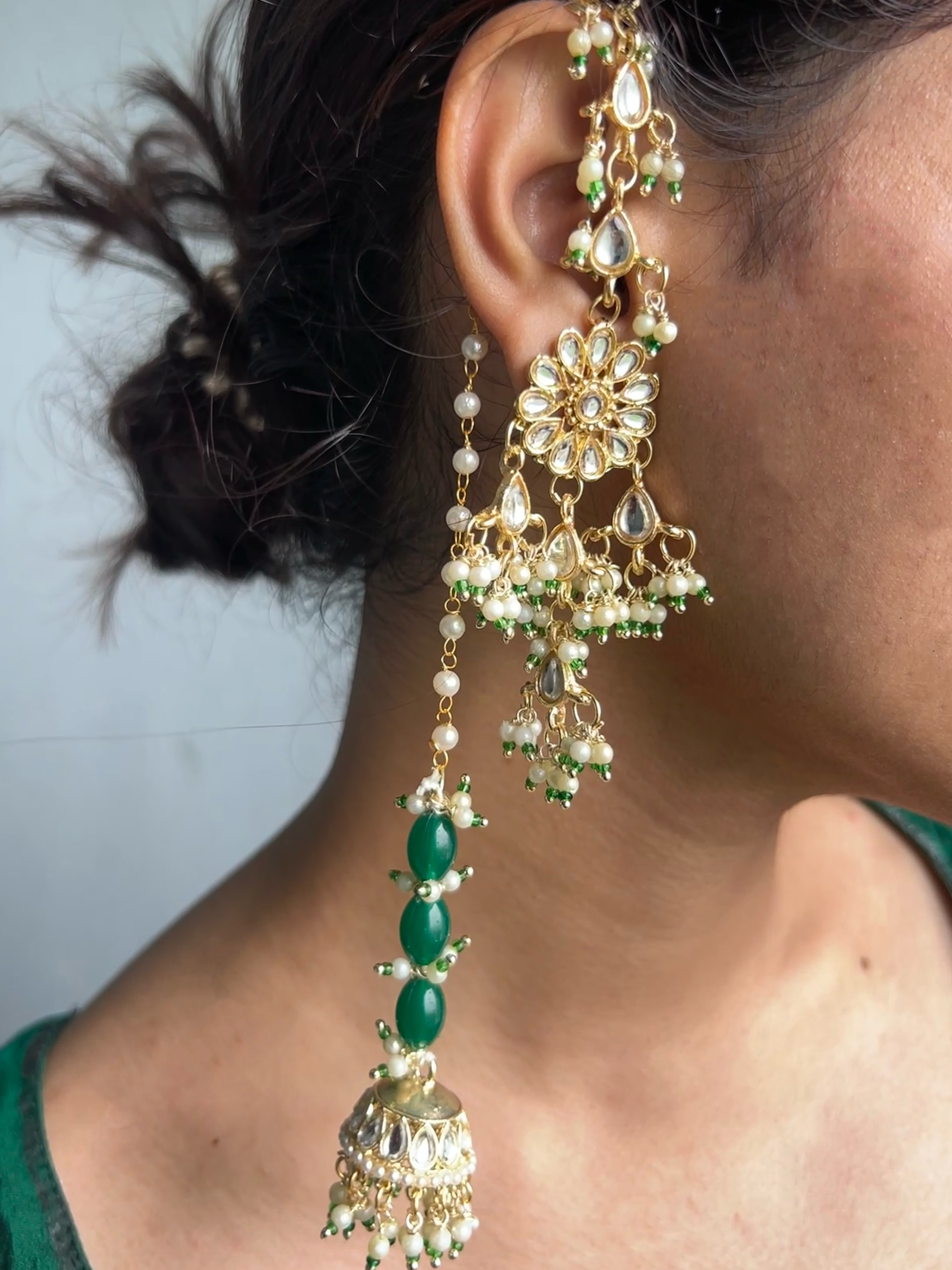 Floral Kundan Earrings with Green Beaded Jhumkas