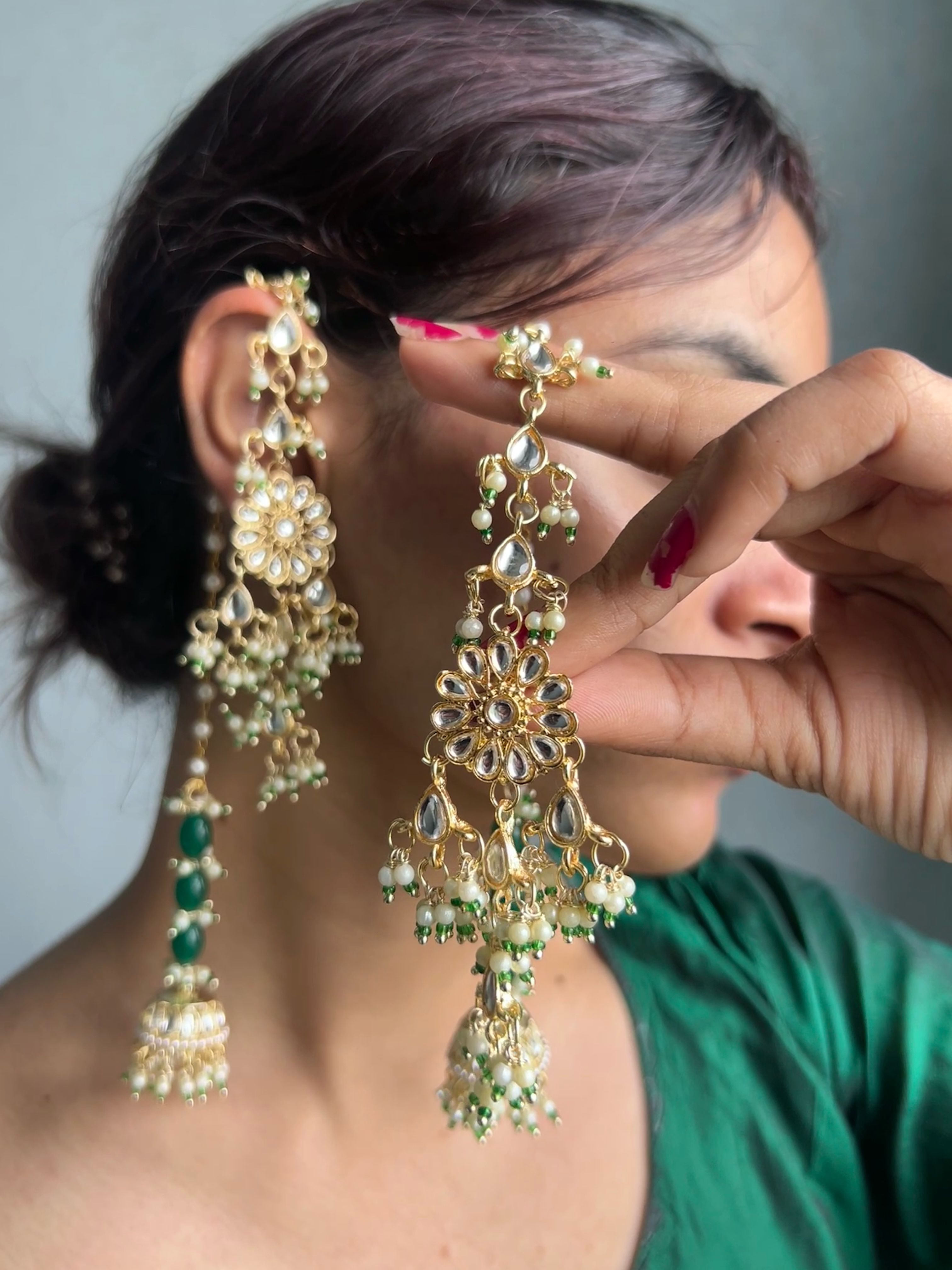 Floral Kundan Earrings with Green Beaded Jhumkas