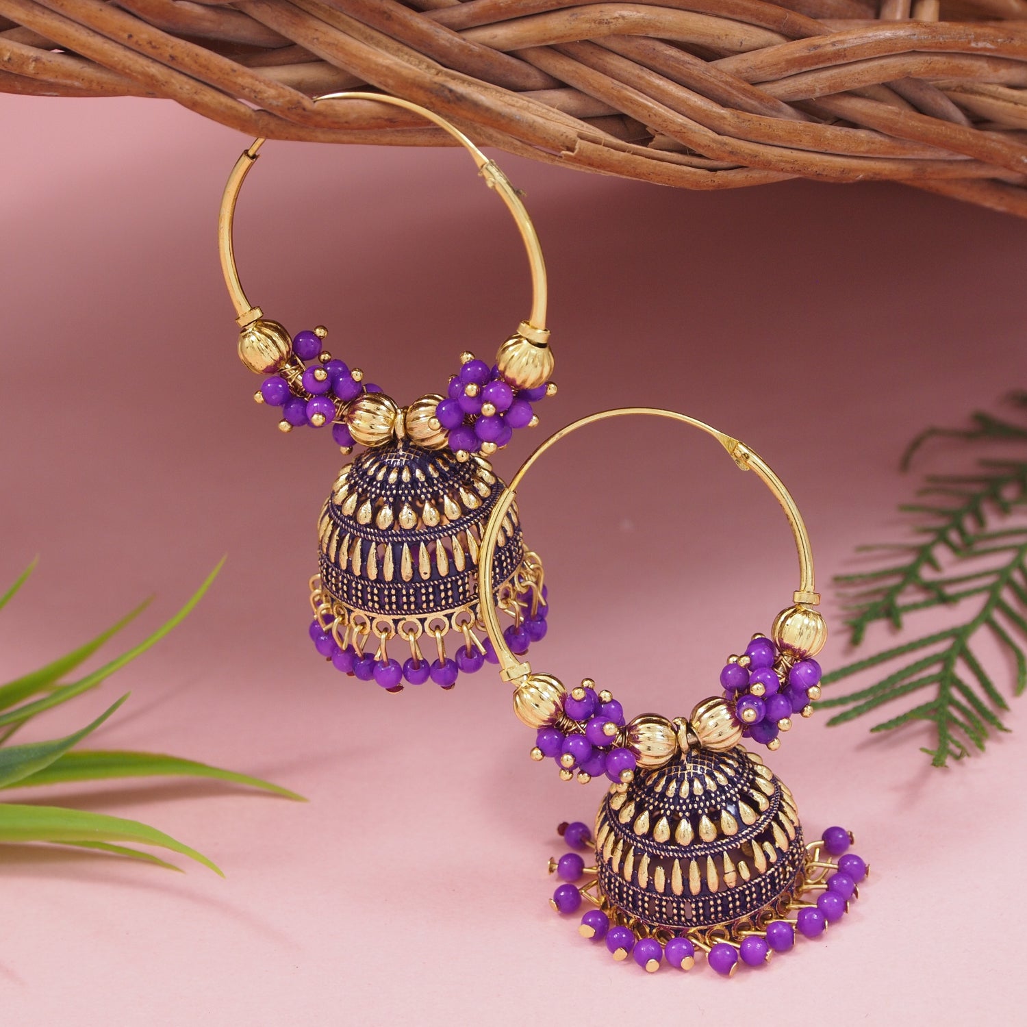 hoop jhumka earrings with purple beads